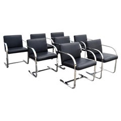 Set 8 Mies Van Der Rohe For Knoll Stainless Steel Brno Chairs Black Leather 1977