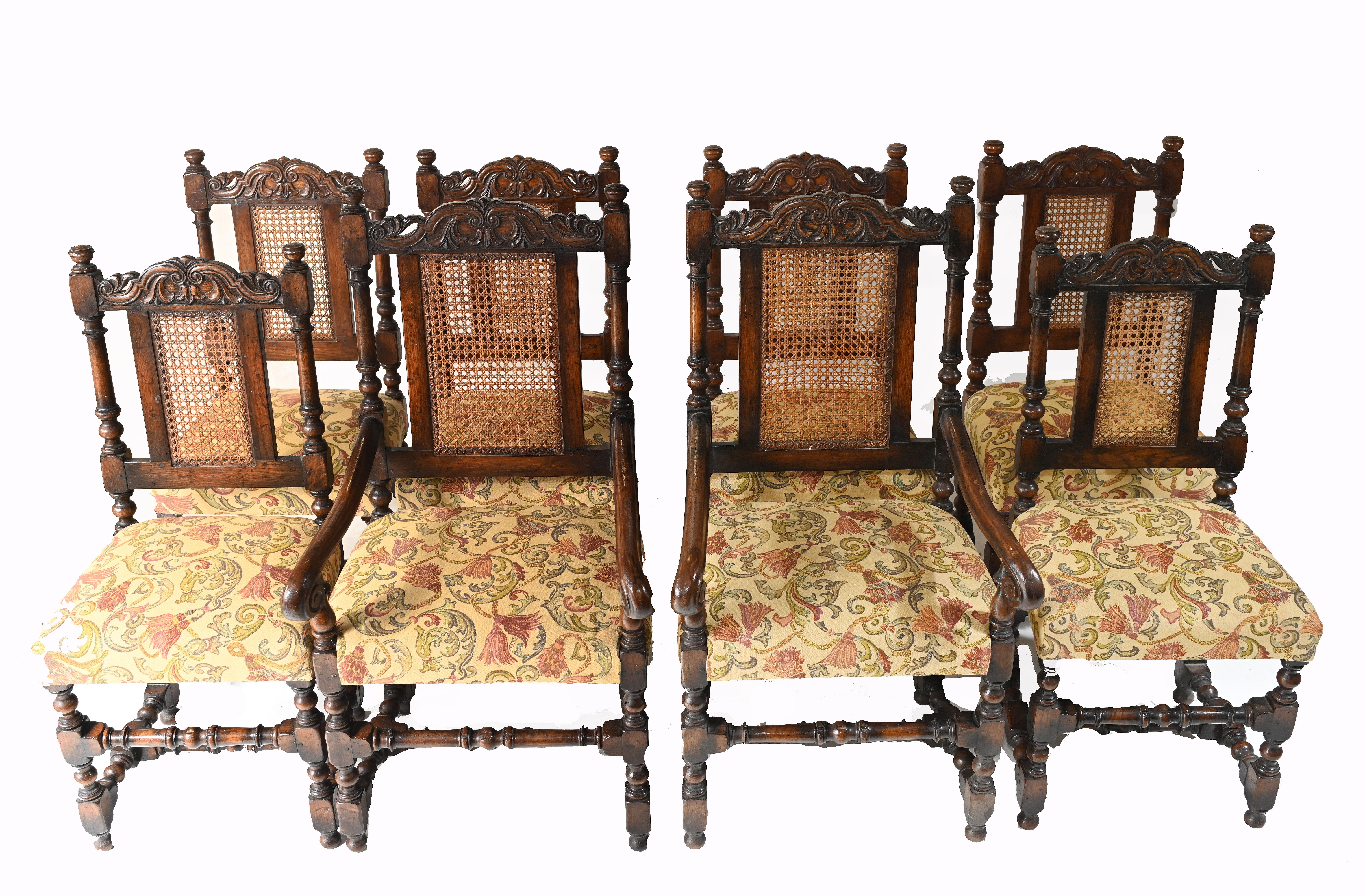 Glorious set of 8 antique farmhouse dining chairs with barley twist design
Circa 1890 on this set
Set consists of 6 side chairs and 6 side chairs
Very comfortable to sit in with cushioned seats
Lots of hand carved details
We have various