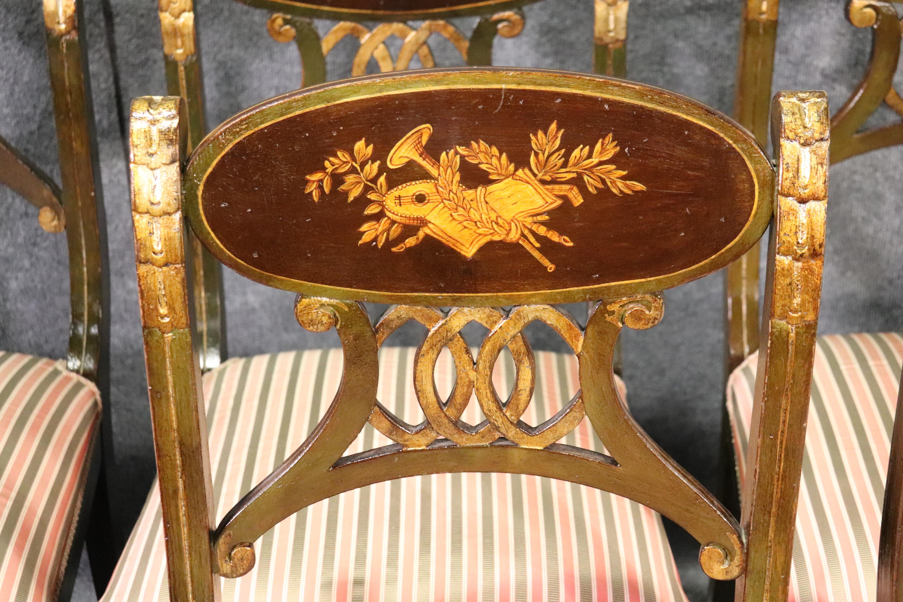 Regency Revival Set 8 Painted and Gilded Regency Style Dining Chairs with Musical Instruments 