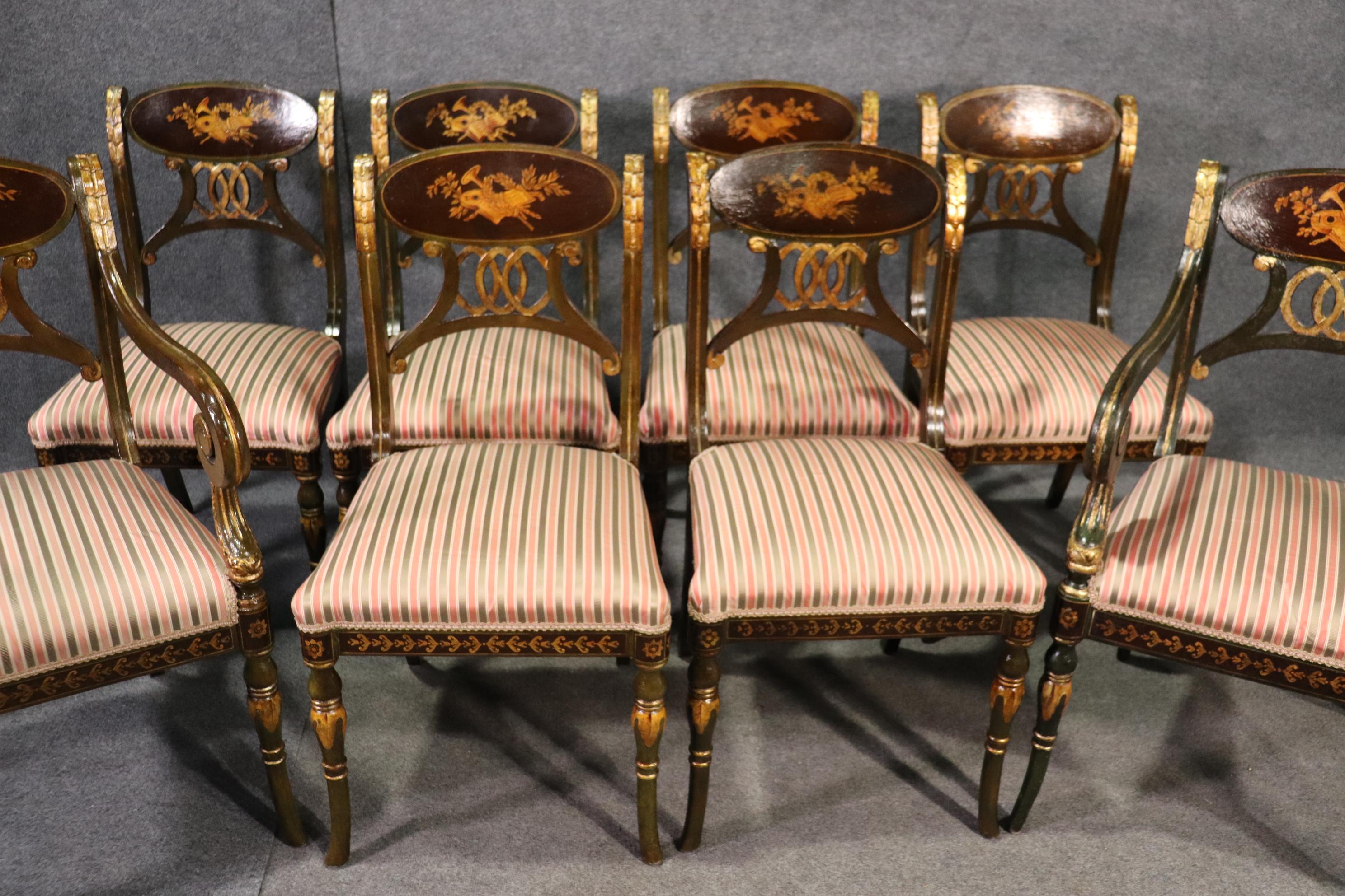 English Set 8 Painted and Gilded Regency Style Dining Chairs with Musical Instruments 