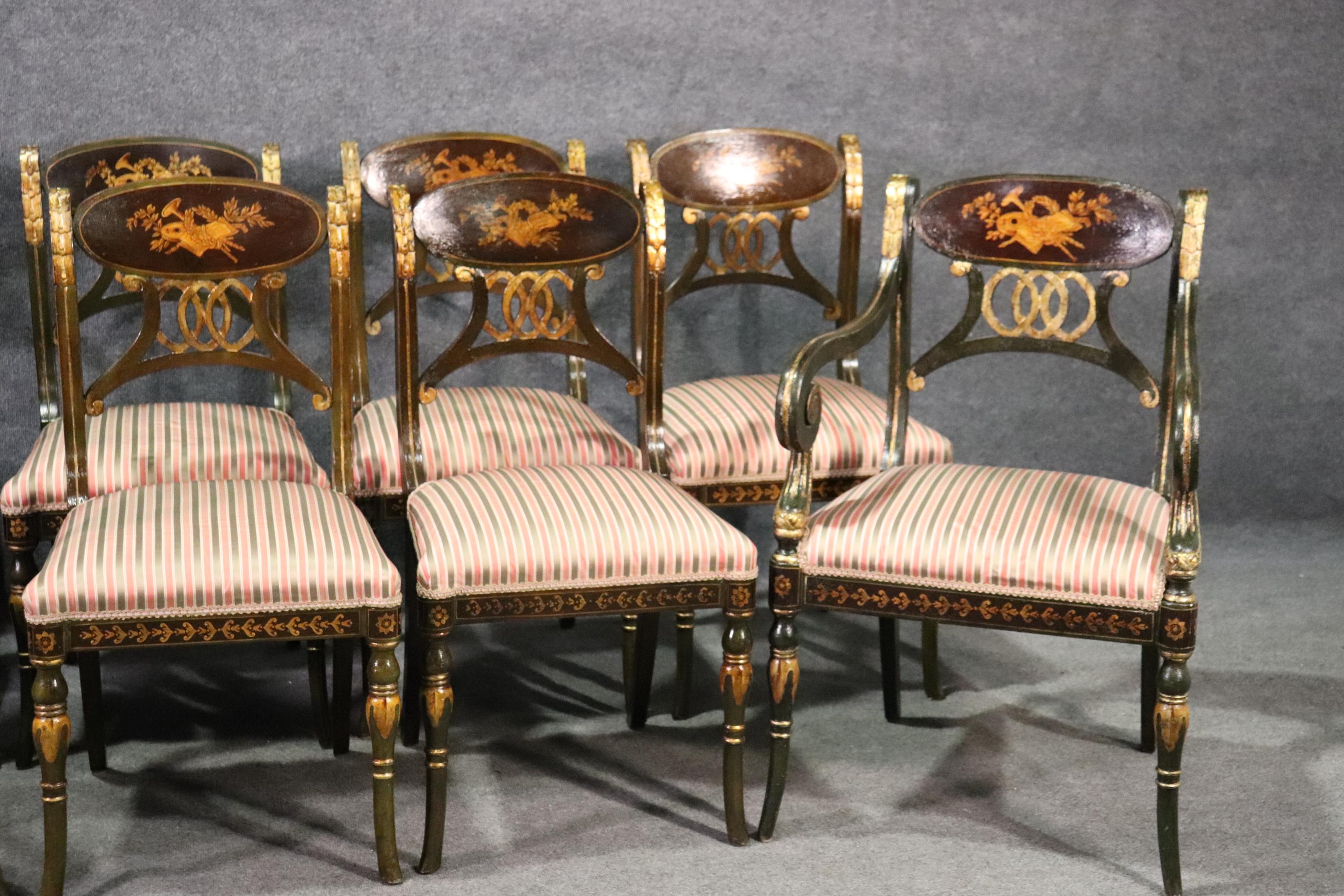 Mid-20th Century Set 8 Painted and Gilded Regency Style Dining Chairs with Musical Instruments 