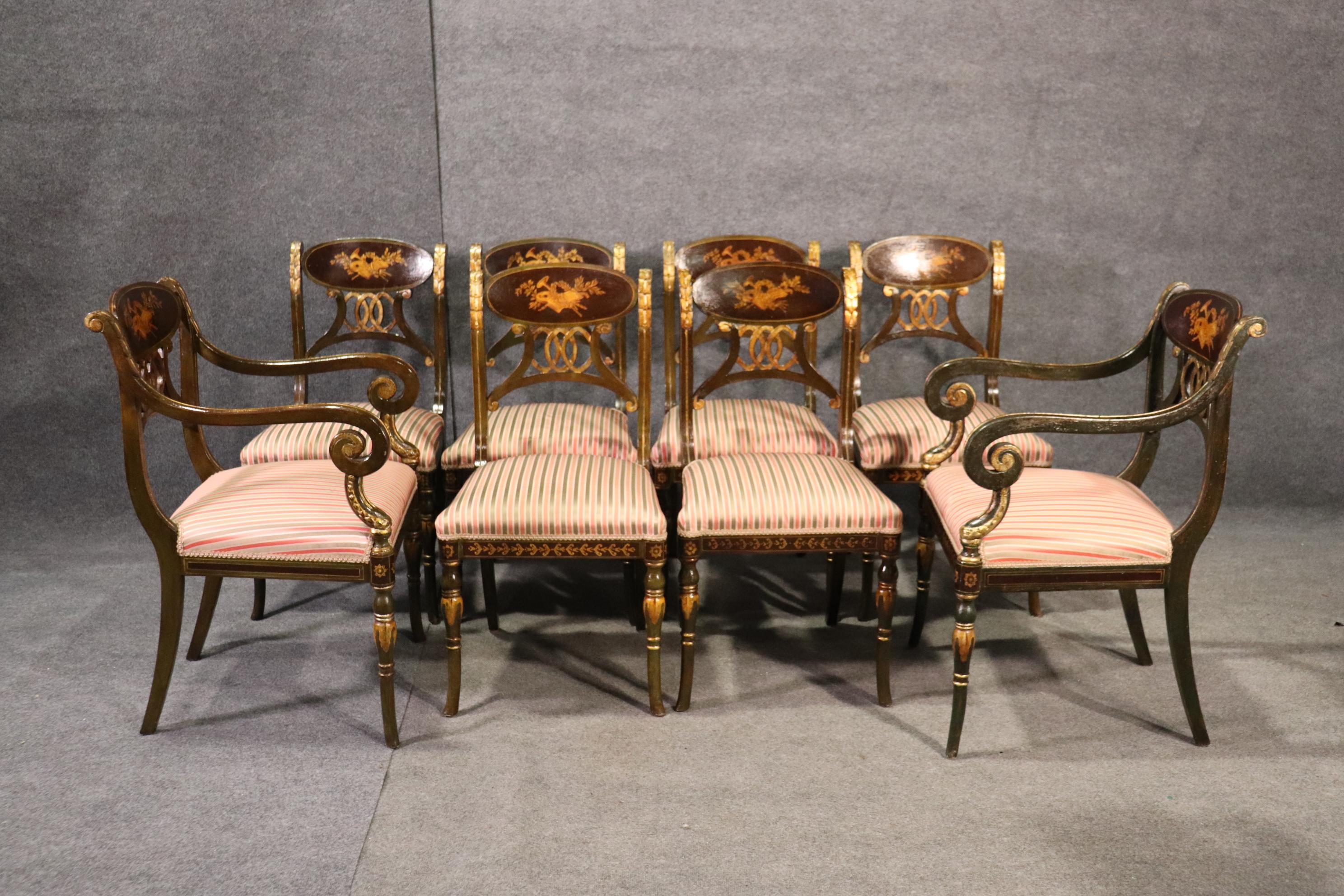 Beech Set 8 Painted and Gilded Regency Style Dining Chairs with Musical Instruments 
