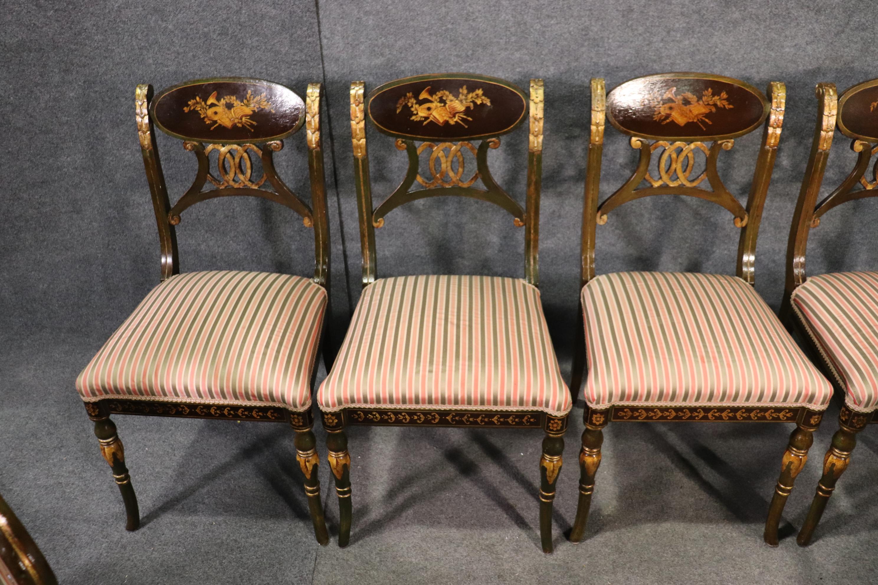Set 8 Painted and Gilded Regency Style Dining Chairs with Musical Instruments  1