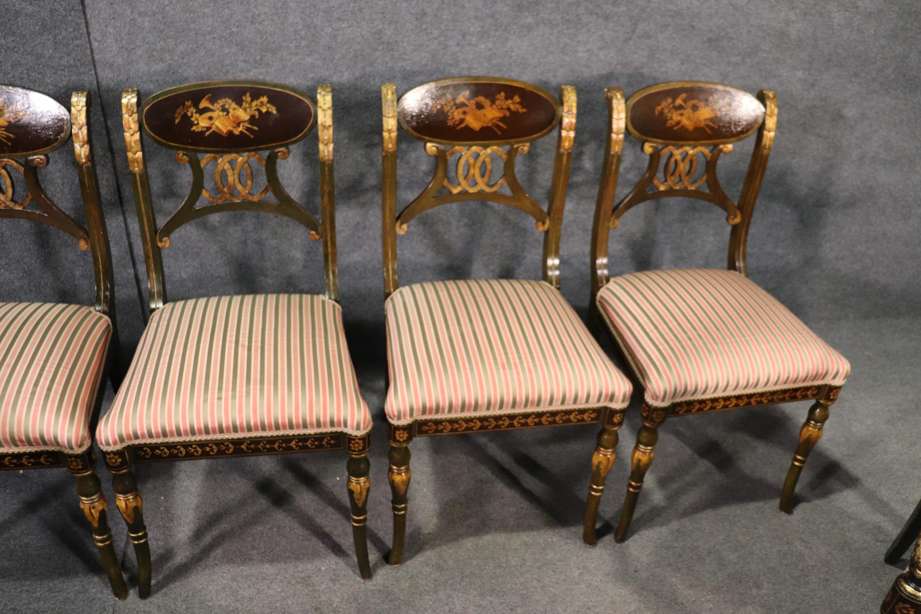 Set 8 Painted and Gilded Regency Style Dining Chairs with Musical Instruments  2