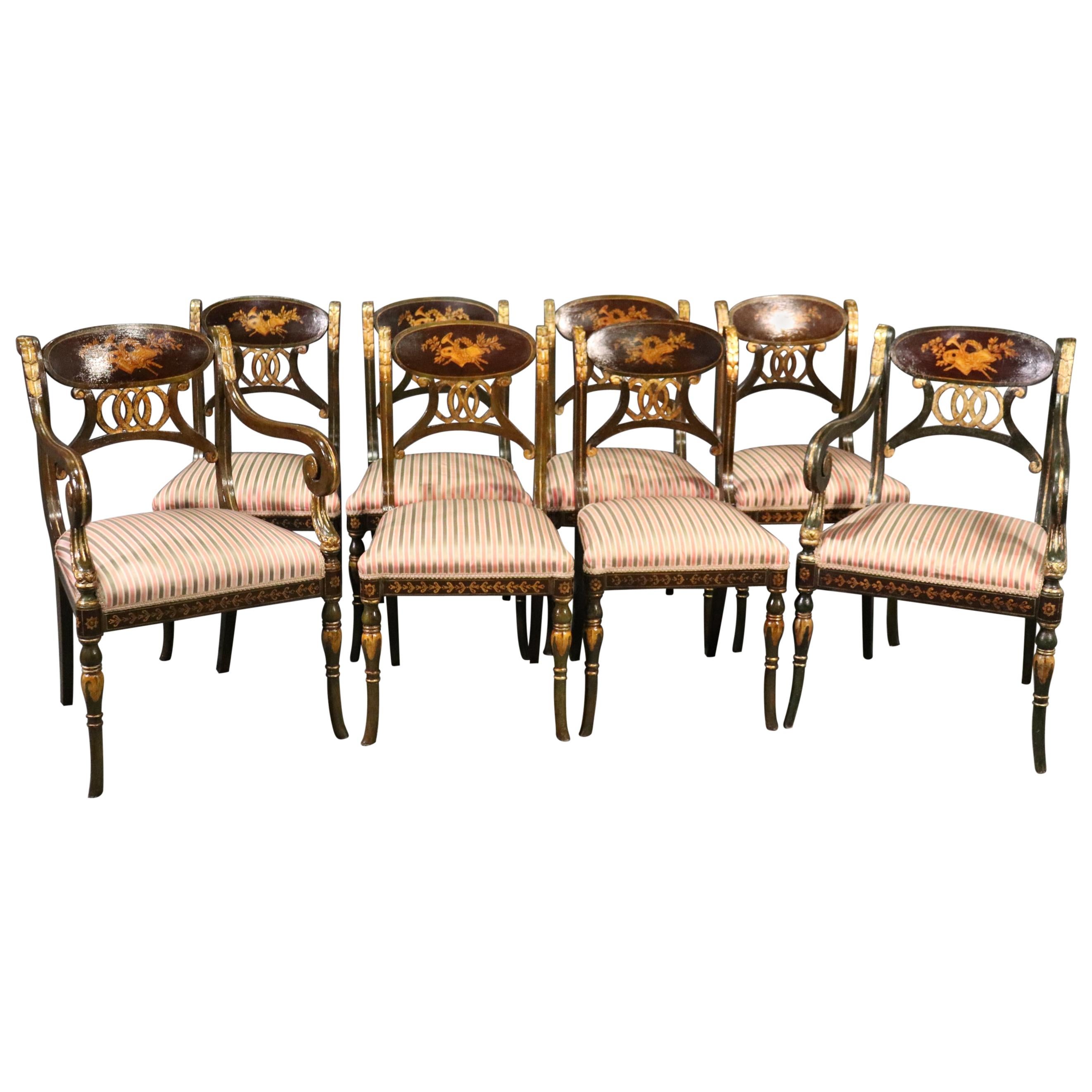 Set 8 Painted and Gilded Regency Style Dining Chairs with Musical Instruments 