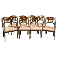 Set 8 Painted and Gilded Regency Style Dining Chairs with Musical Instruments
