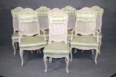 Set 8 Painted Green Upholstered Cane French Louis XV Tall Back Dining Chairs