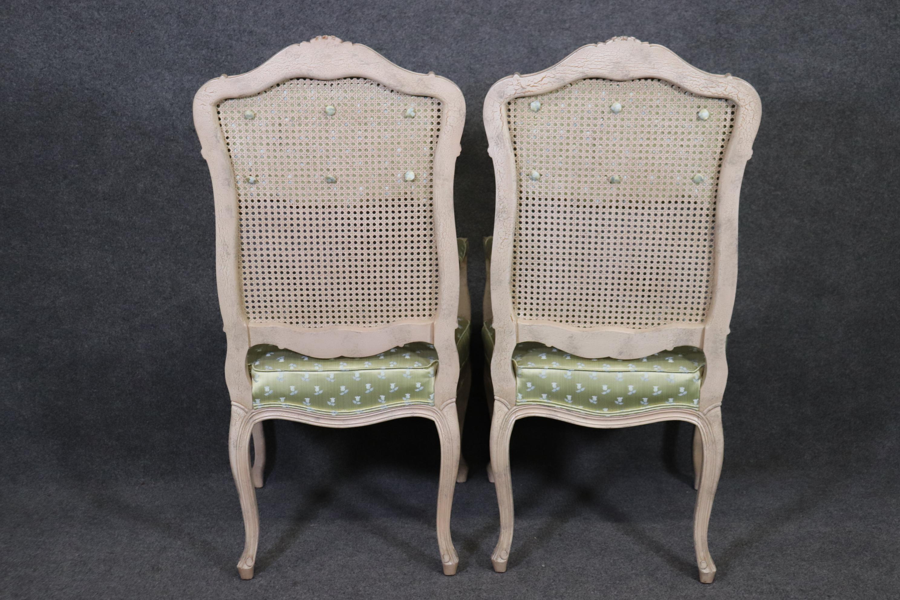 Walnut Set 8 Painted Green Upholstered Cane French Louis XV Tall Back Dining Chairs For Sale