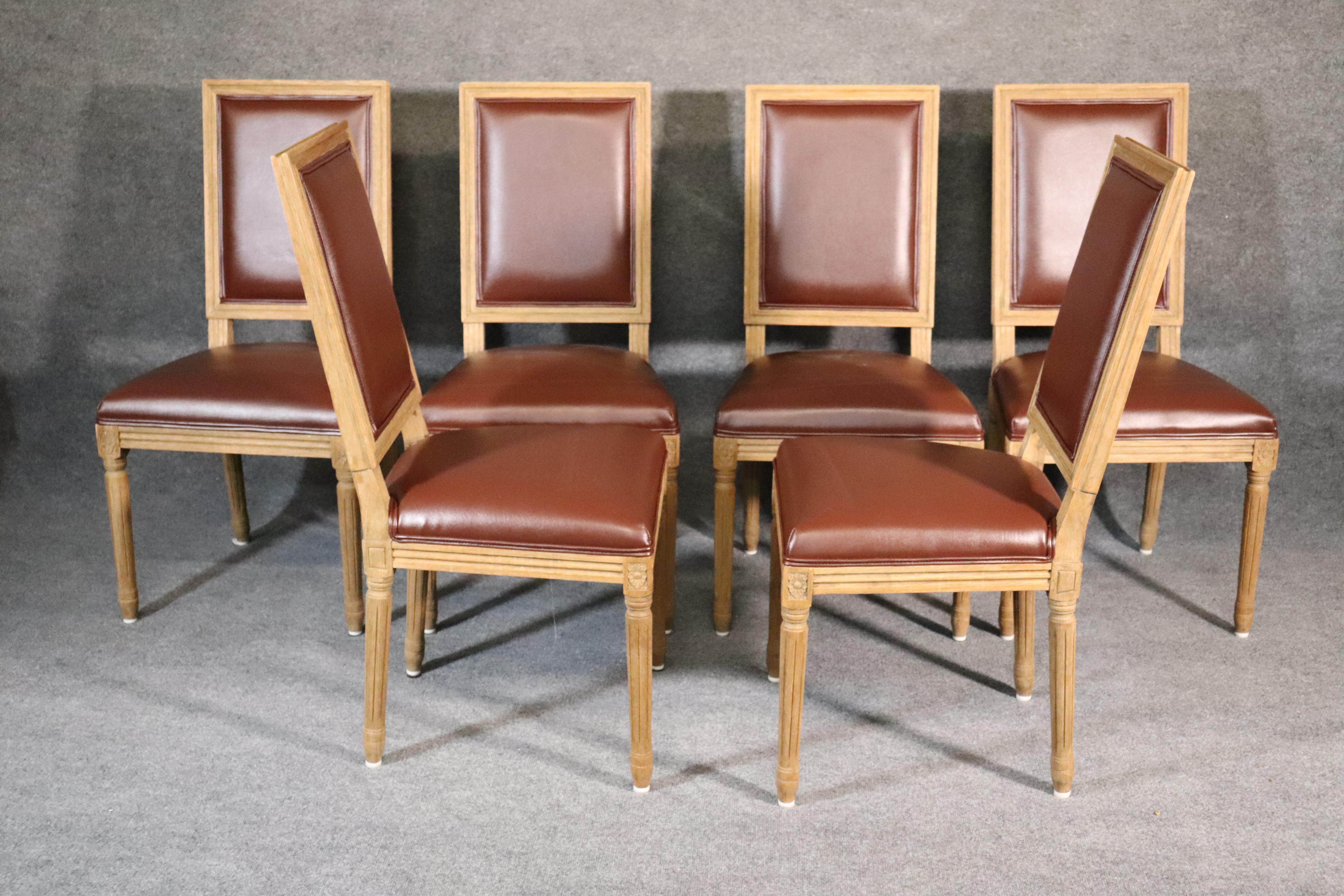 Please note-there are 6 chairs shown. The quantity in the set says 8. There are 6 chairs and not 8. 

This is a beautiful set of 6 restoration hardware dining chairs in very good condition with vinyl upholstery that was recently done. The chairs are