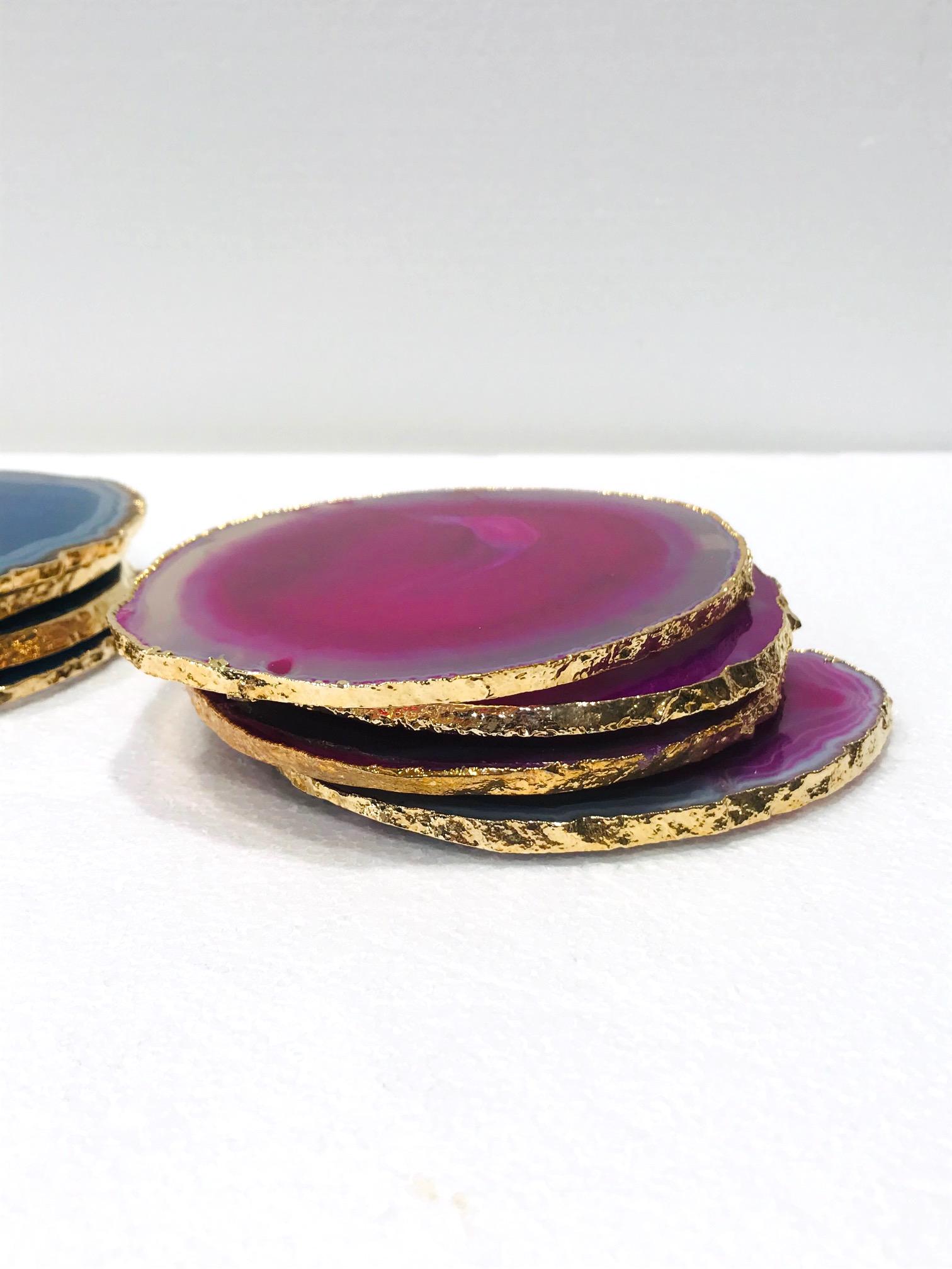 Crystal Set/ 8 Semi-Precious Gemstone Coasters in Pink and Turquoise with 24K Gold Trim
