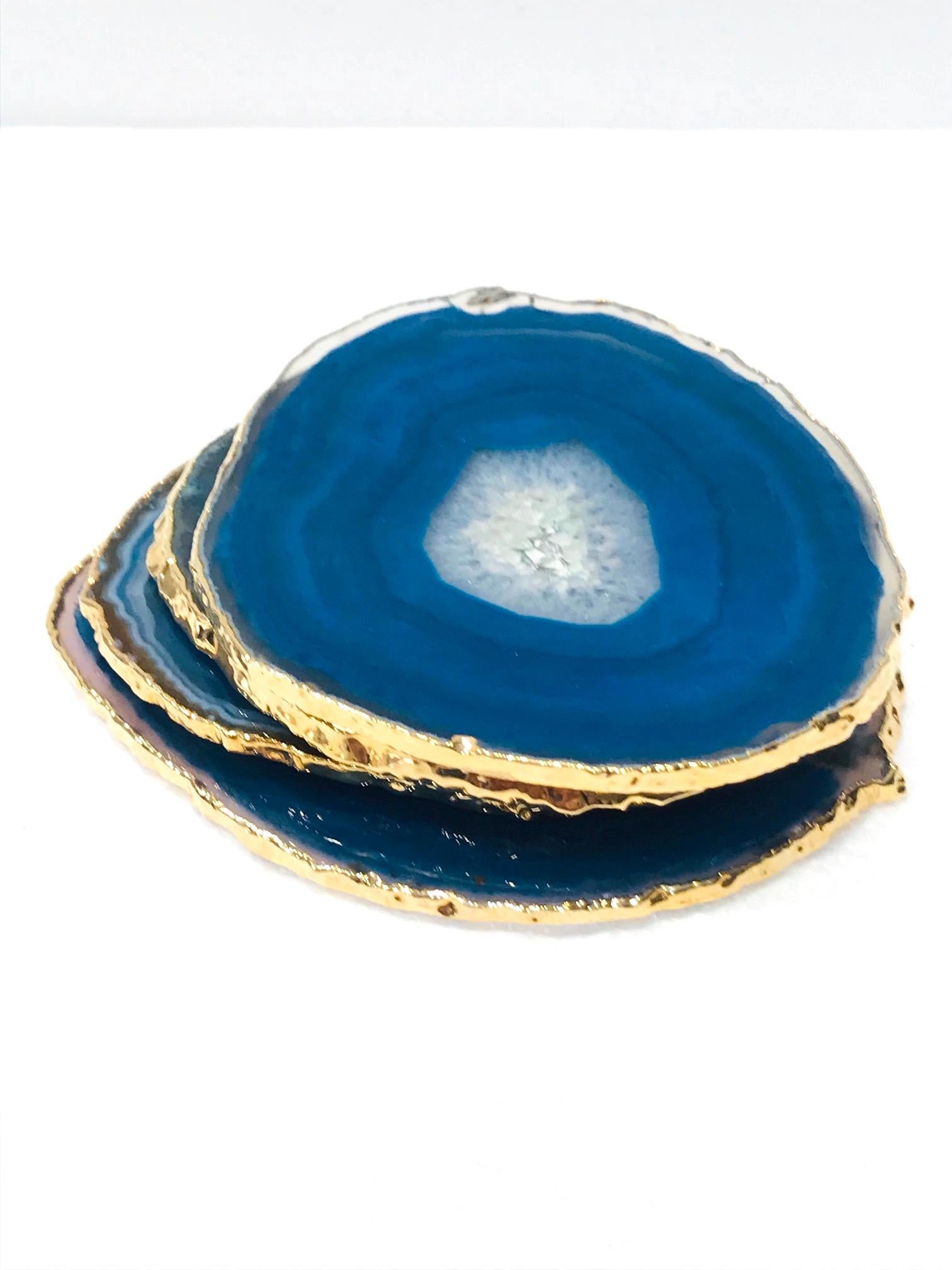 Set/ 8 Semi-Precious Gemstone Coasters in Pink and Turquoise with 24K Gold Trim 1
