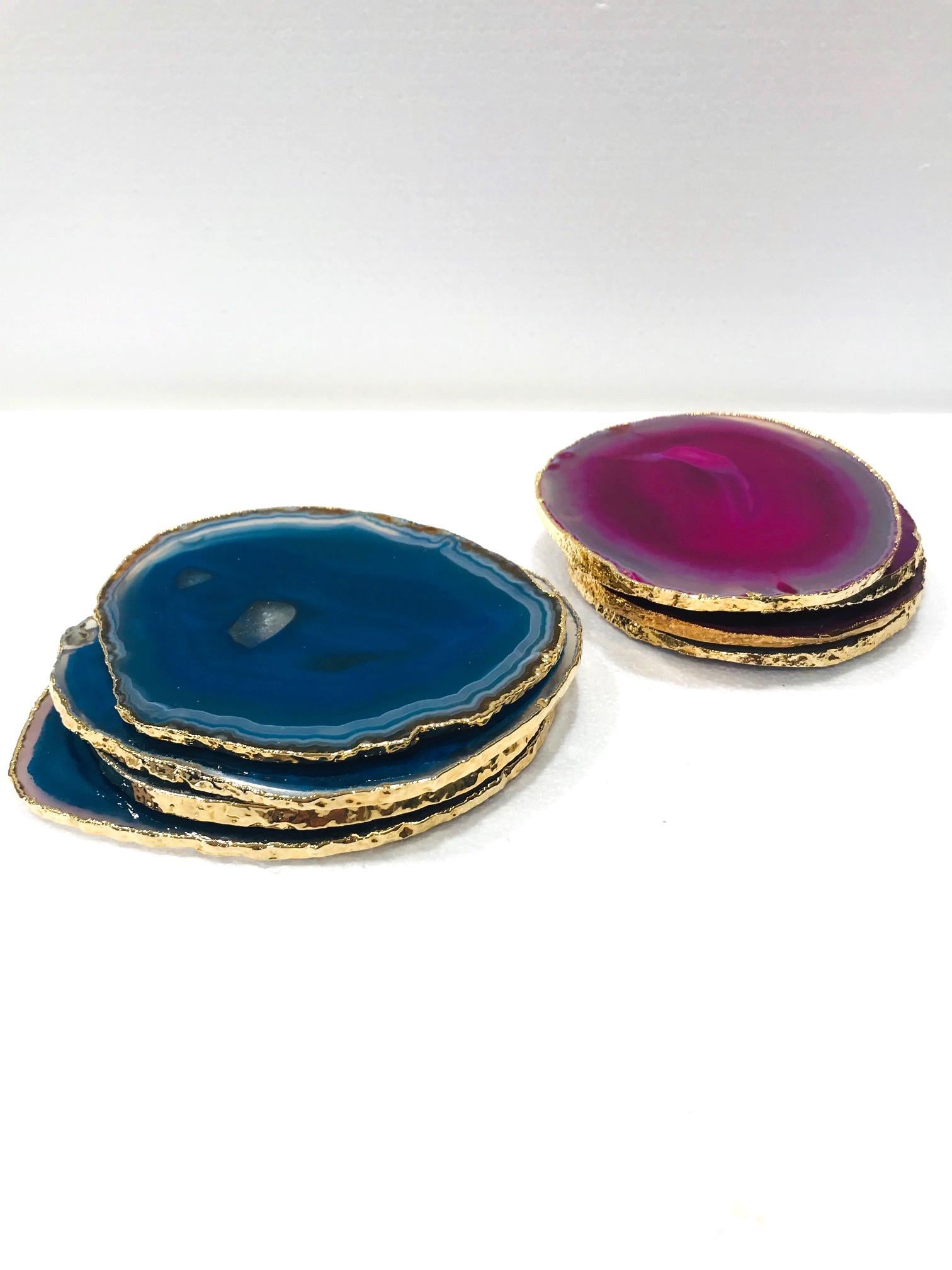 Organic Modern Semi-Precious Gemstone Coasters in Pink and Turquoise with 24k Gold Trim, Set /8 For Sale