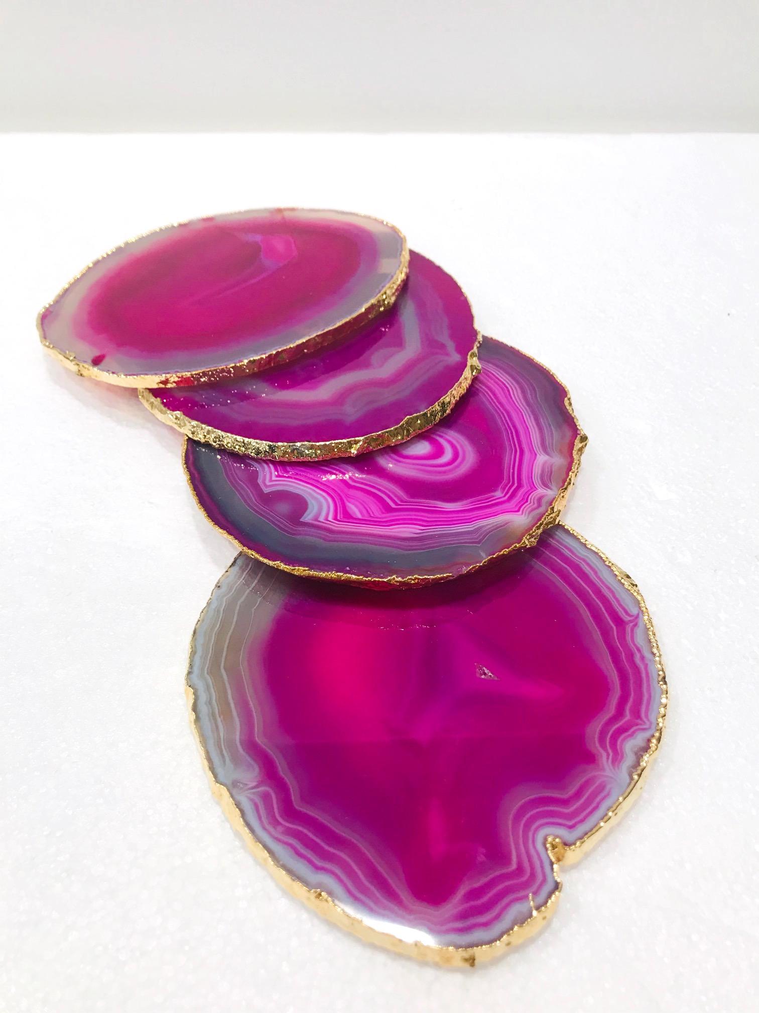 Hollywood Regency Set/ 8 Semi-Precious Gemstone Coasters in Pink and Turquoise with 24K Gold Trim