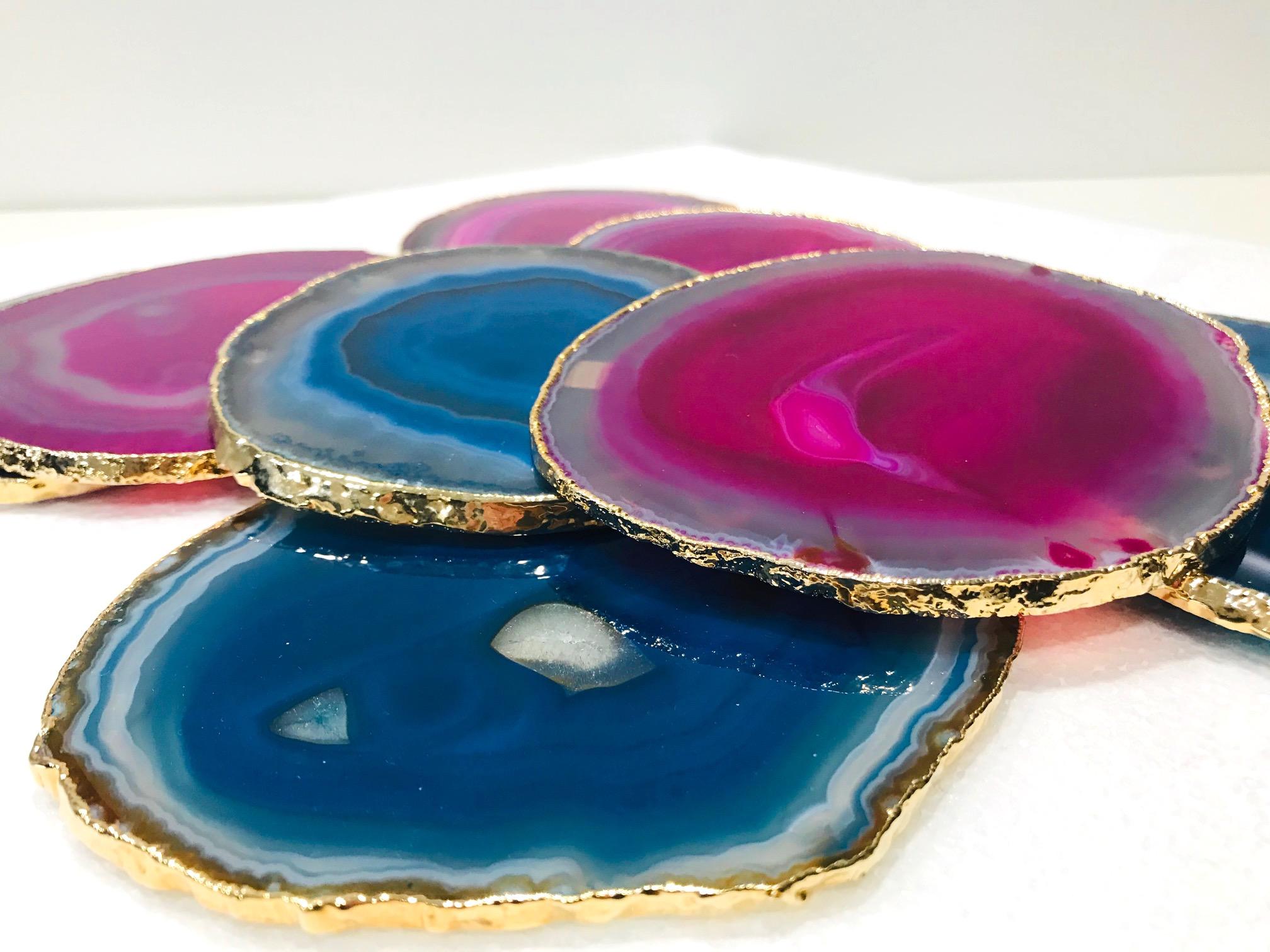 Hand-Crafted Semi-Precious Gemstone Coasters in Pink and Turquoise with 24k Gold Trim, Set /8 For Sale