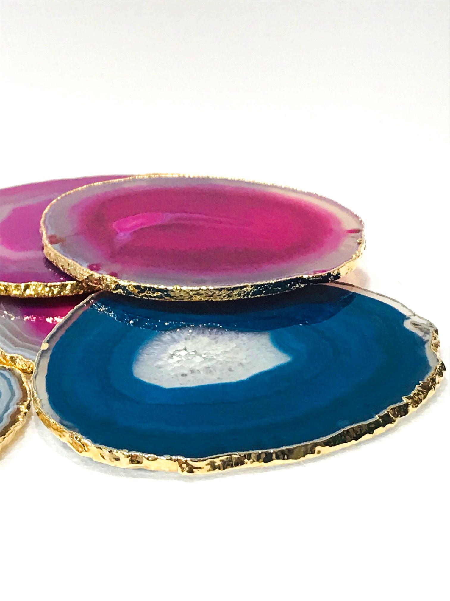 Hand-Crafted Set/ 8 Semi-Precious Gemstone Coasters in Pink and Turquoise with 24K Gold Trim