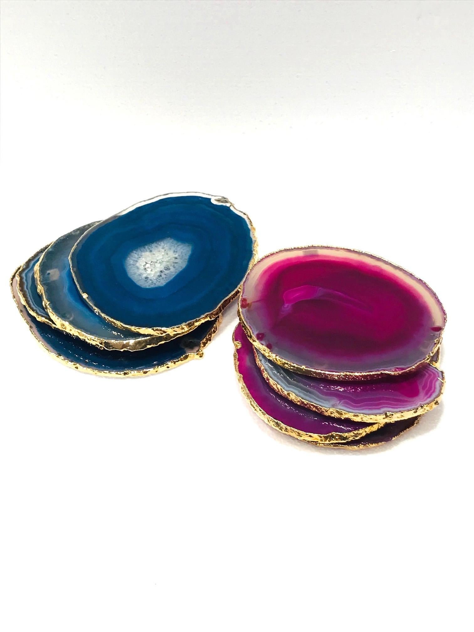 Contemporary Semi-Precious Gemstone Coasters in Pink and Turquoise with 24k Gold Trim, Set /8 For Sale
