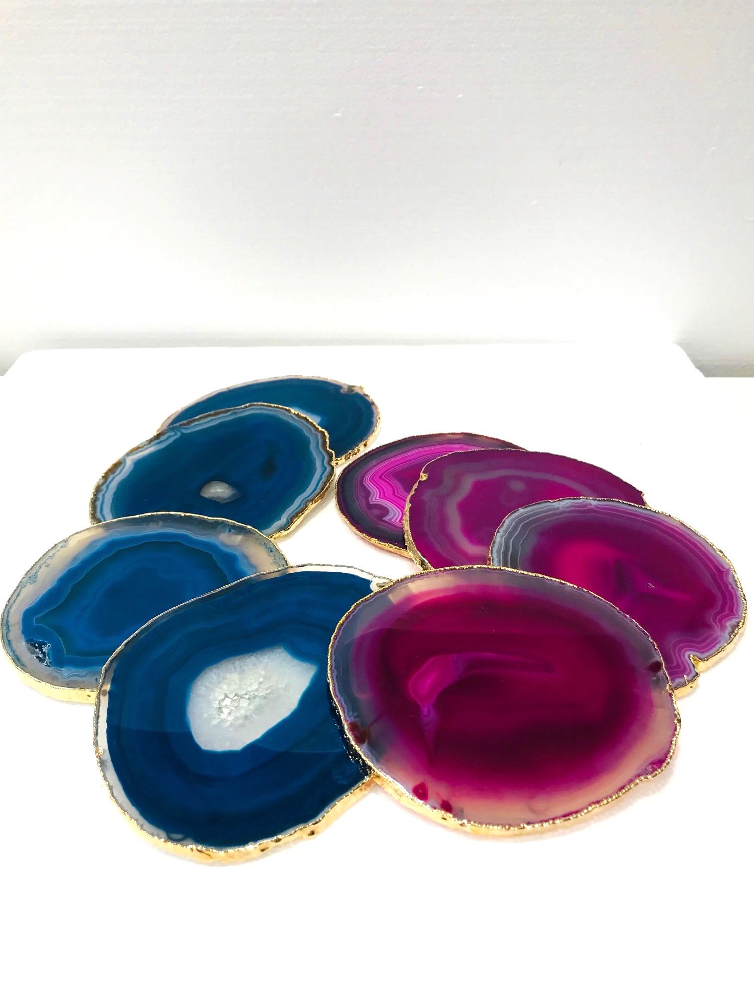 Gold Plate Semi-Precious Gemstone Coasters in Pink and Turquoise with 24k Gold Trim, Set /8 For Sale