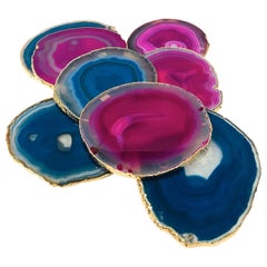 Set/ 8 Semi-Precious Gemstone Coasters in Pink and Turquoise with 24K Gold Trim