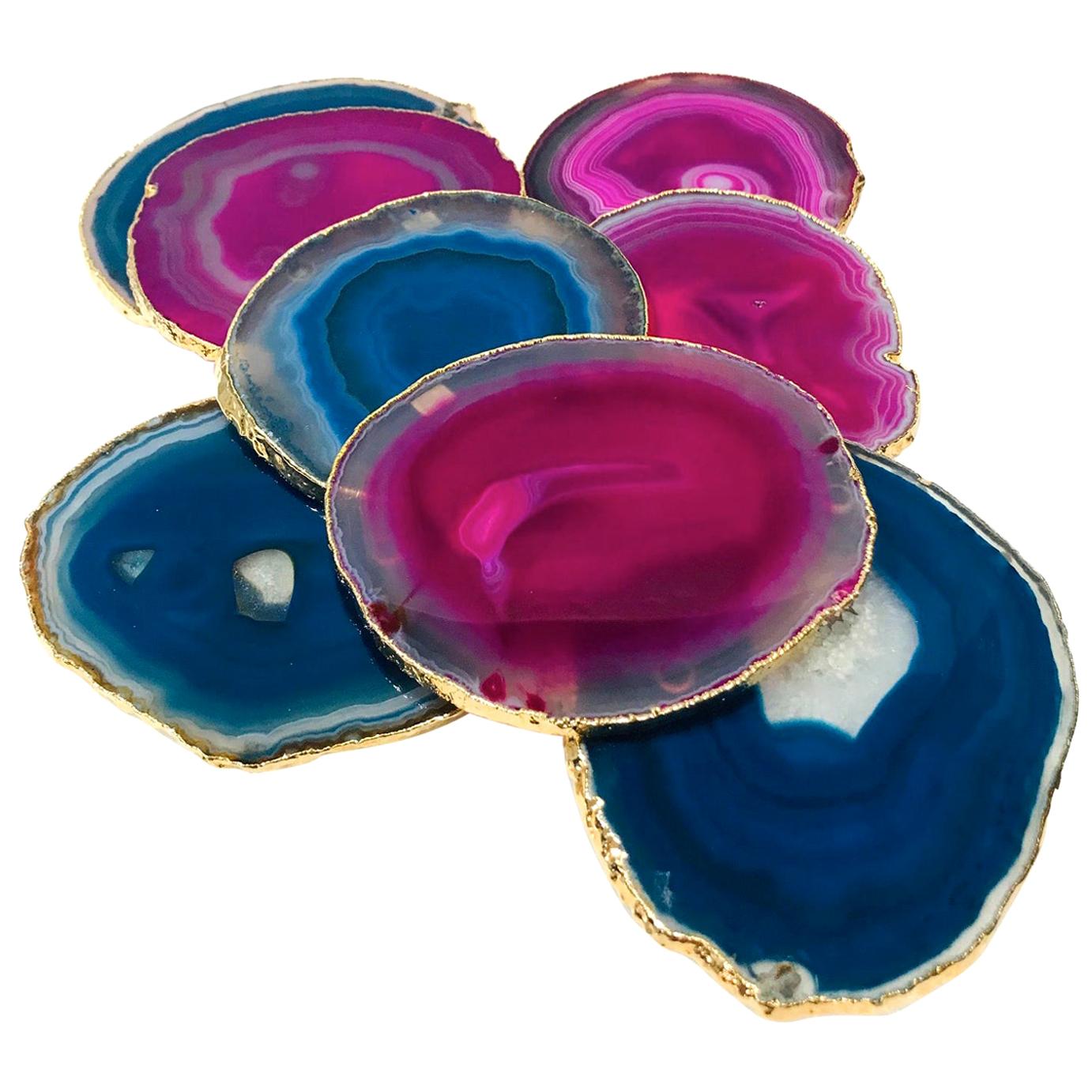 Semi-Precious Gemstone Coasters in Pink and Turquoise with 24k Gold Trim, Set /8