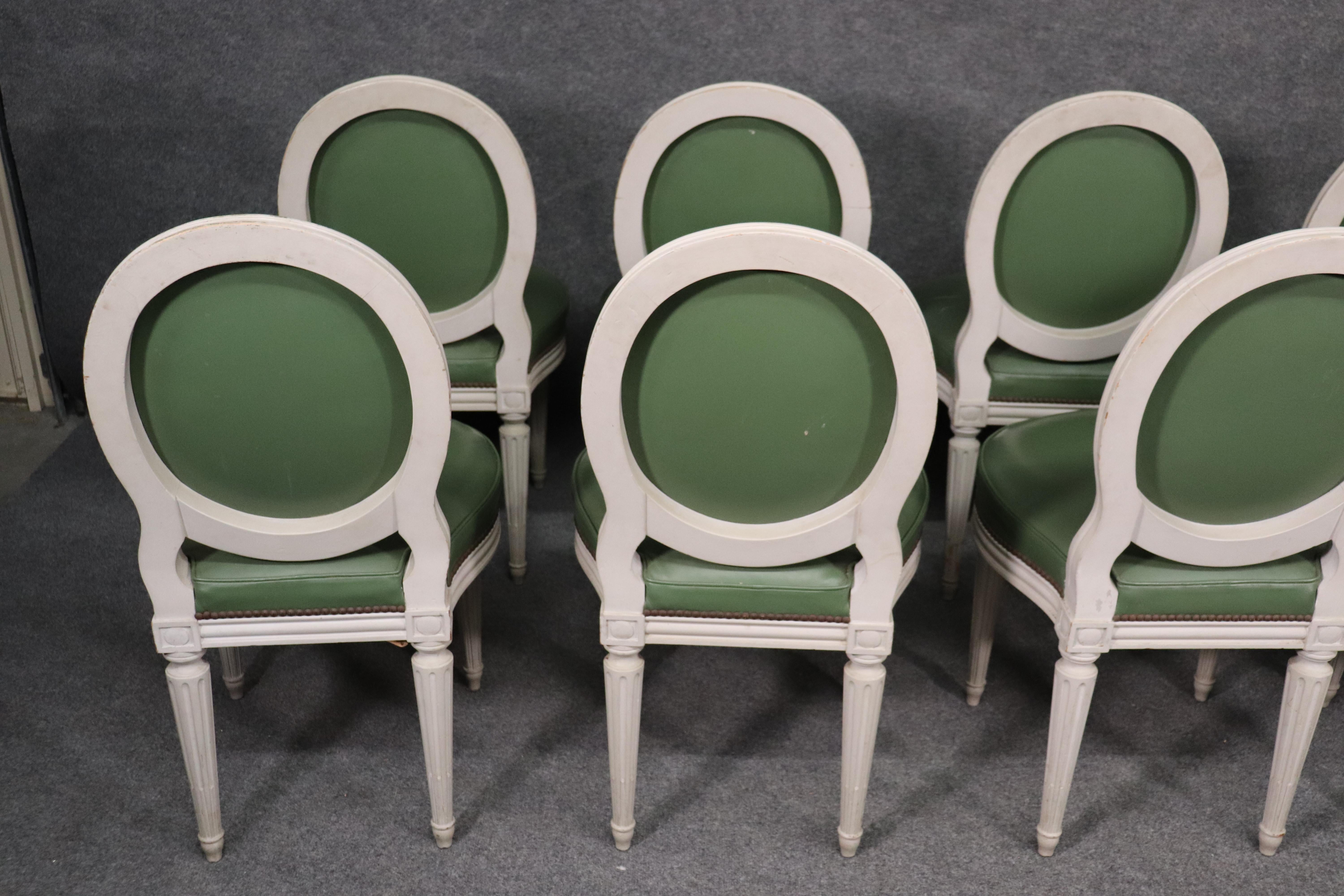 Set 8 Signed Maison Jansen White Distressed Painted Leather Dining Chairs 6