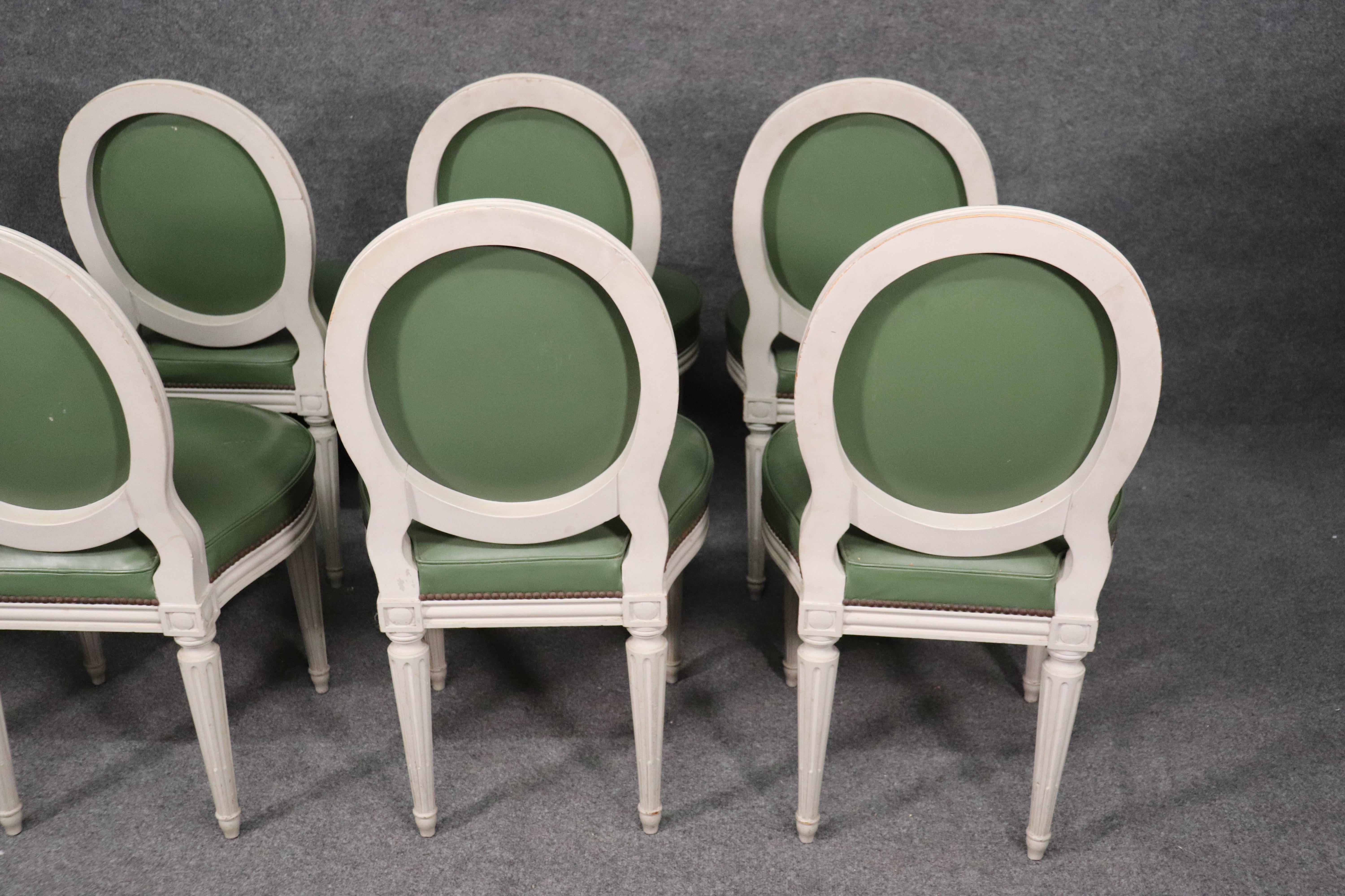 Set 8 Signed Maison Jansen White Distressed Painted Leather Dining Chairs 7
