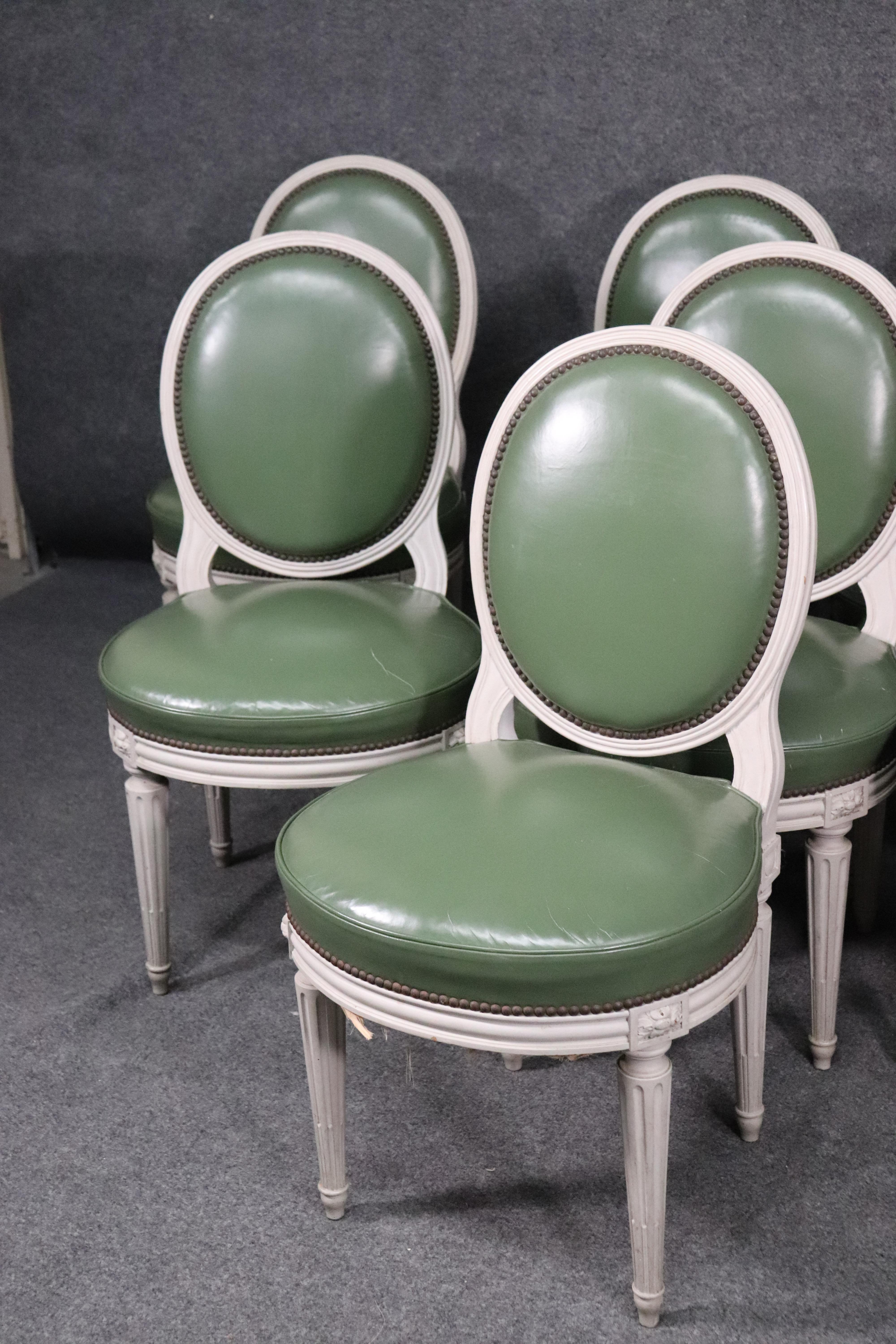 Louis XVI Set 8 Signed Maison Jansen White Distressed Painted Leather Dining Chairs