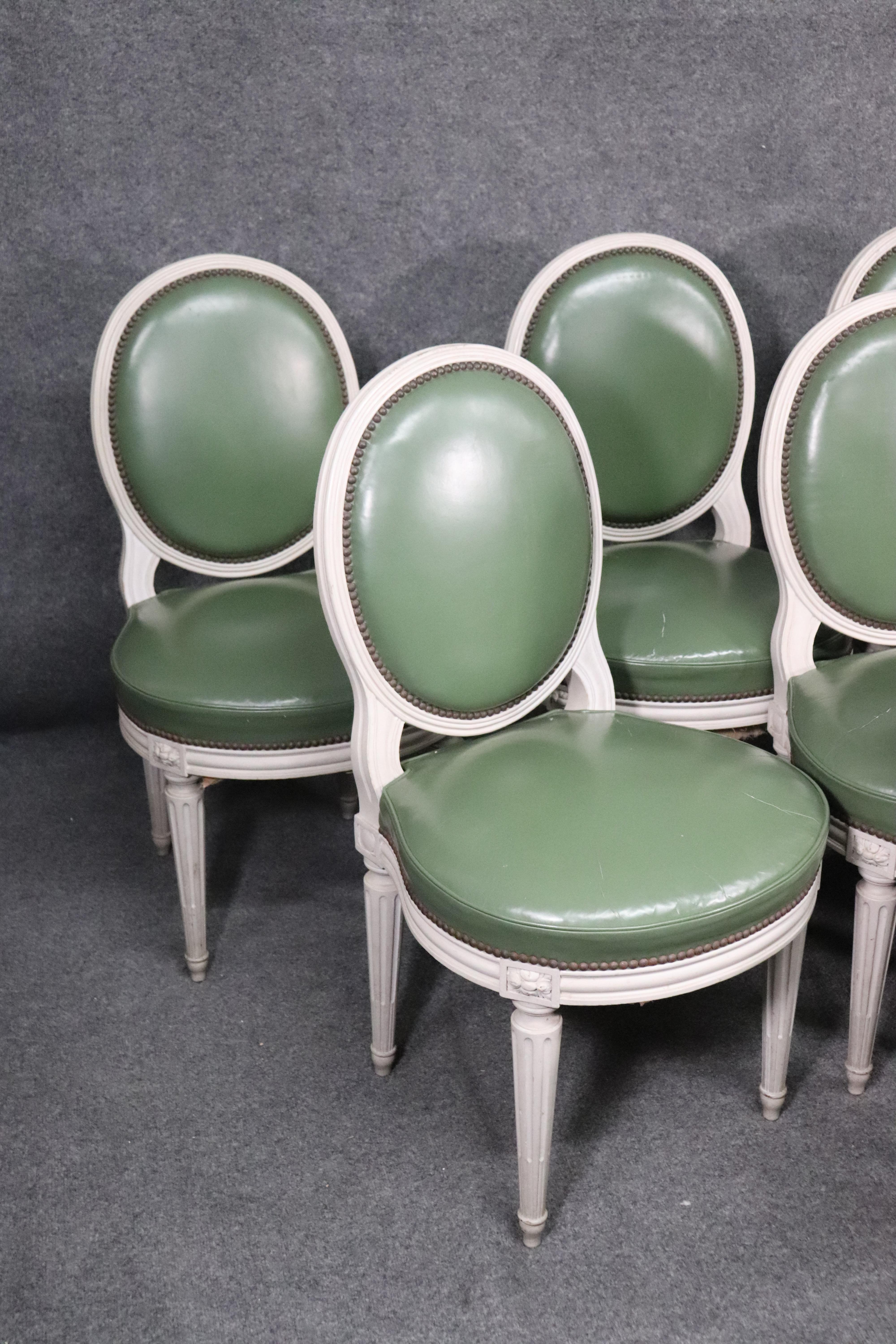 French Set 8 Signed Maison Jansen White Distressed Painted Leather Dining Chairs