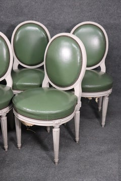 Set 8 Signed Maison Jansen White Distressed Painted Leather Dining Chairs