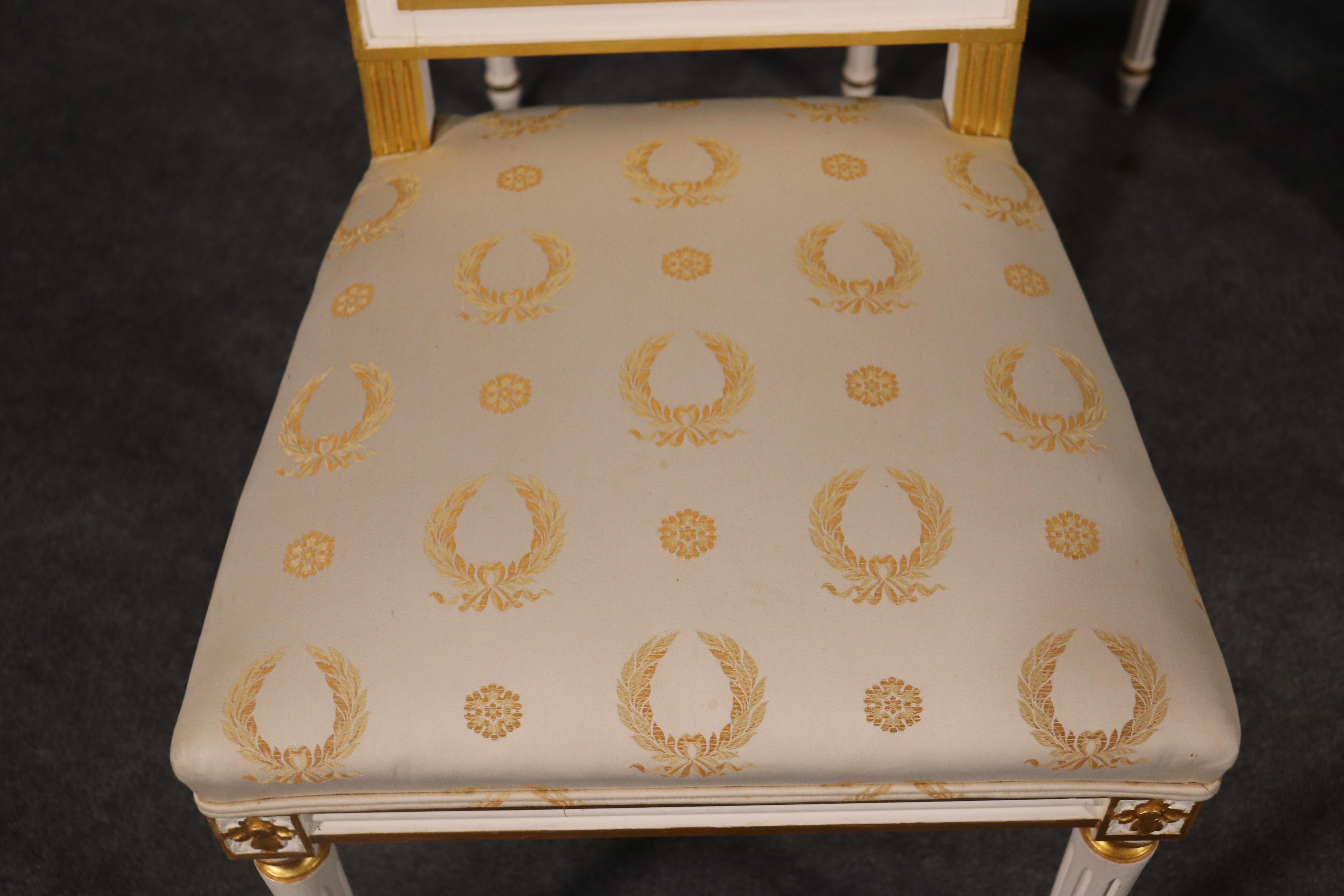 Set 8 Signed Maison Jansen White Paint and Giltwood Lyre Back Louis XVI Chairs 4