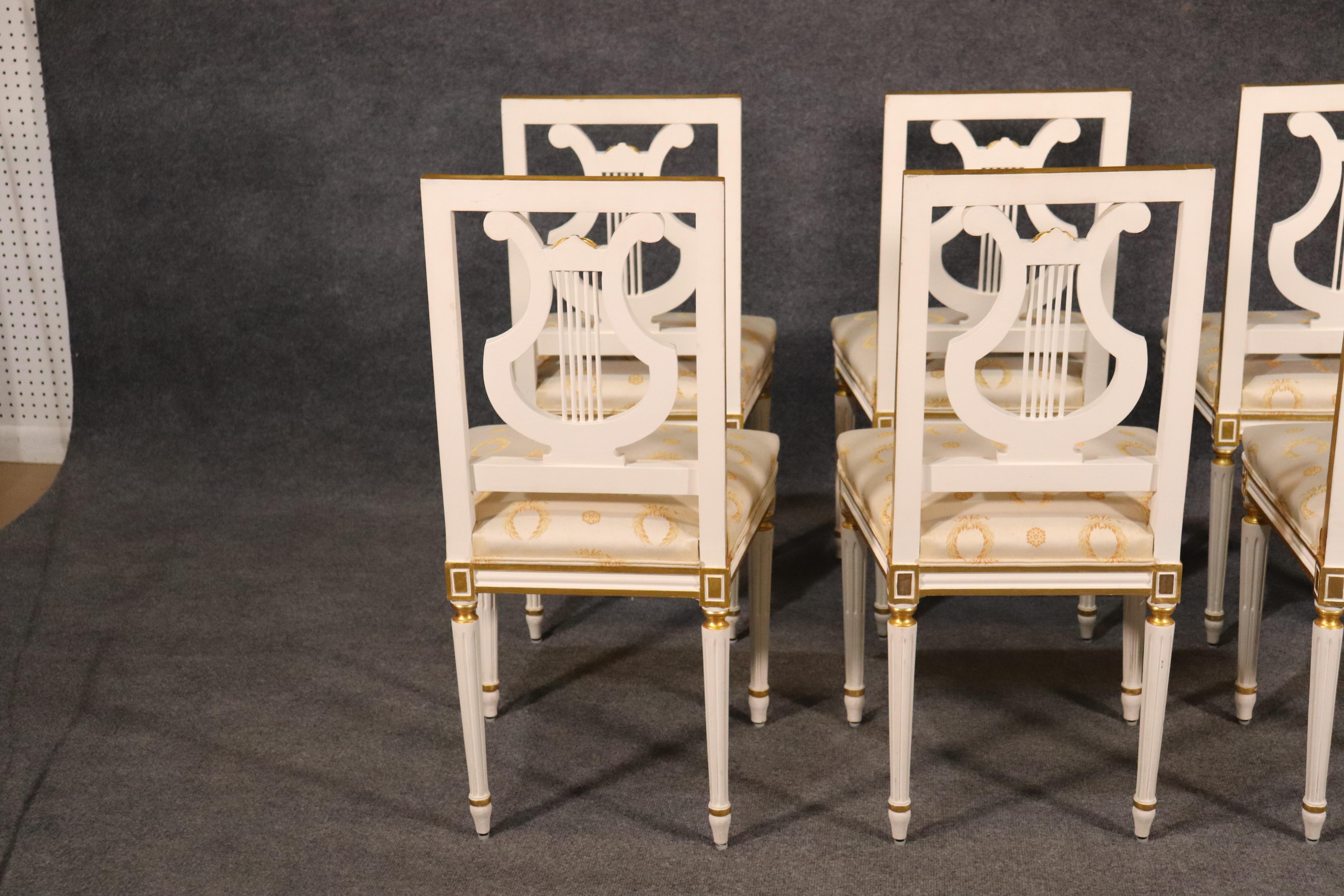 Set 8 Signed Maison Jansen White Paint and Giltwood Lyre Back Louis XVI Chairs 5