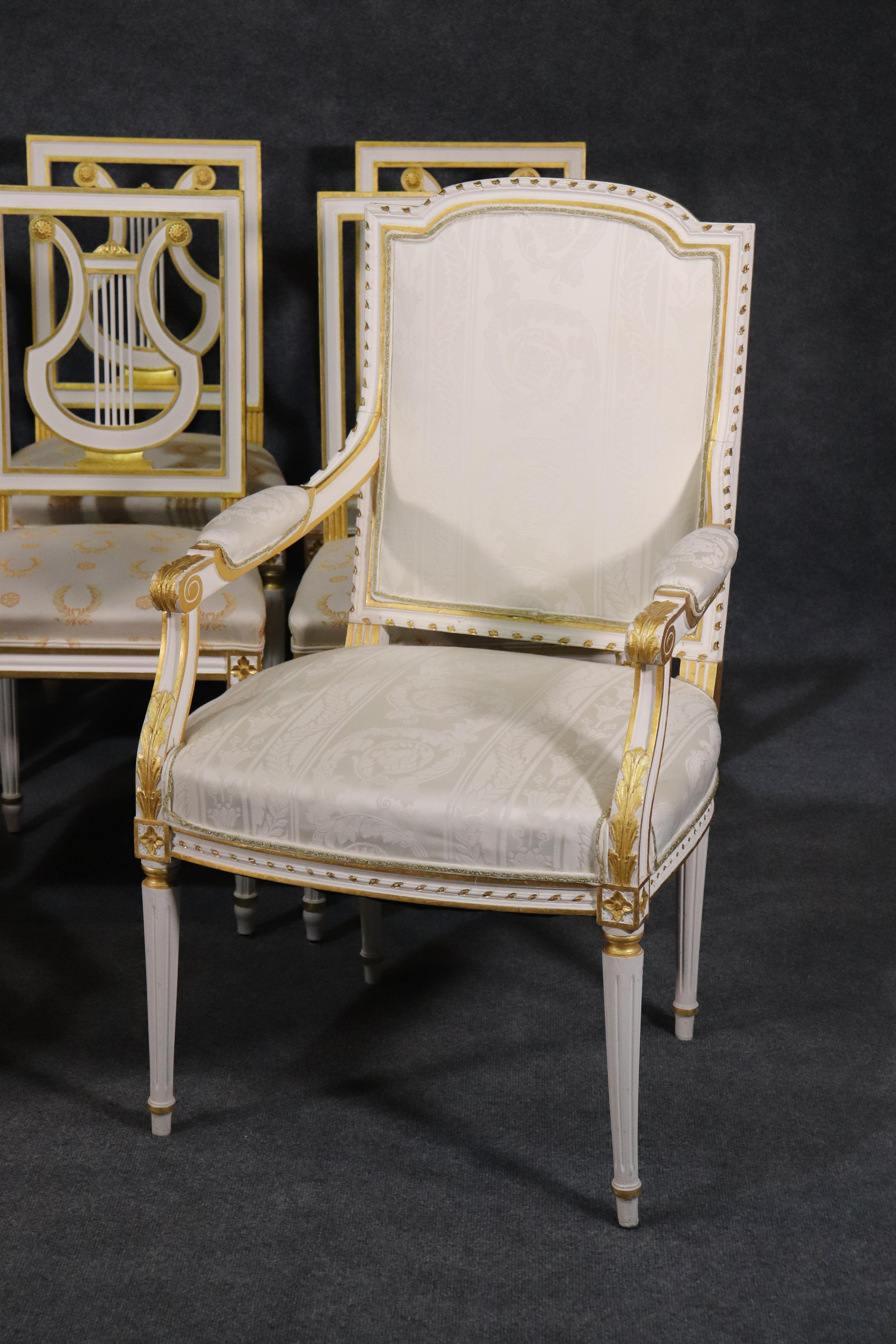 French Set 8 Signed Maison Jansen White Paint and Giltwood Lyre Back Louis XVI Chairs