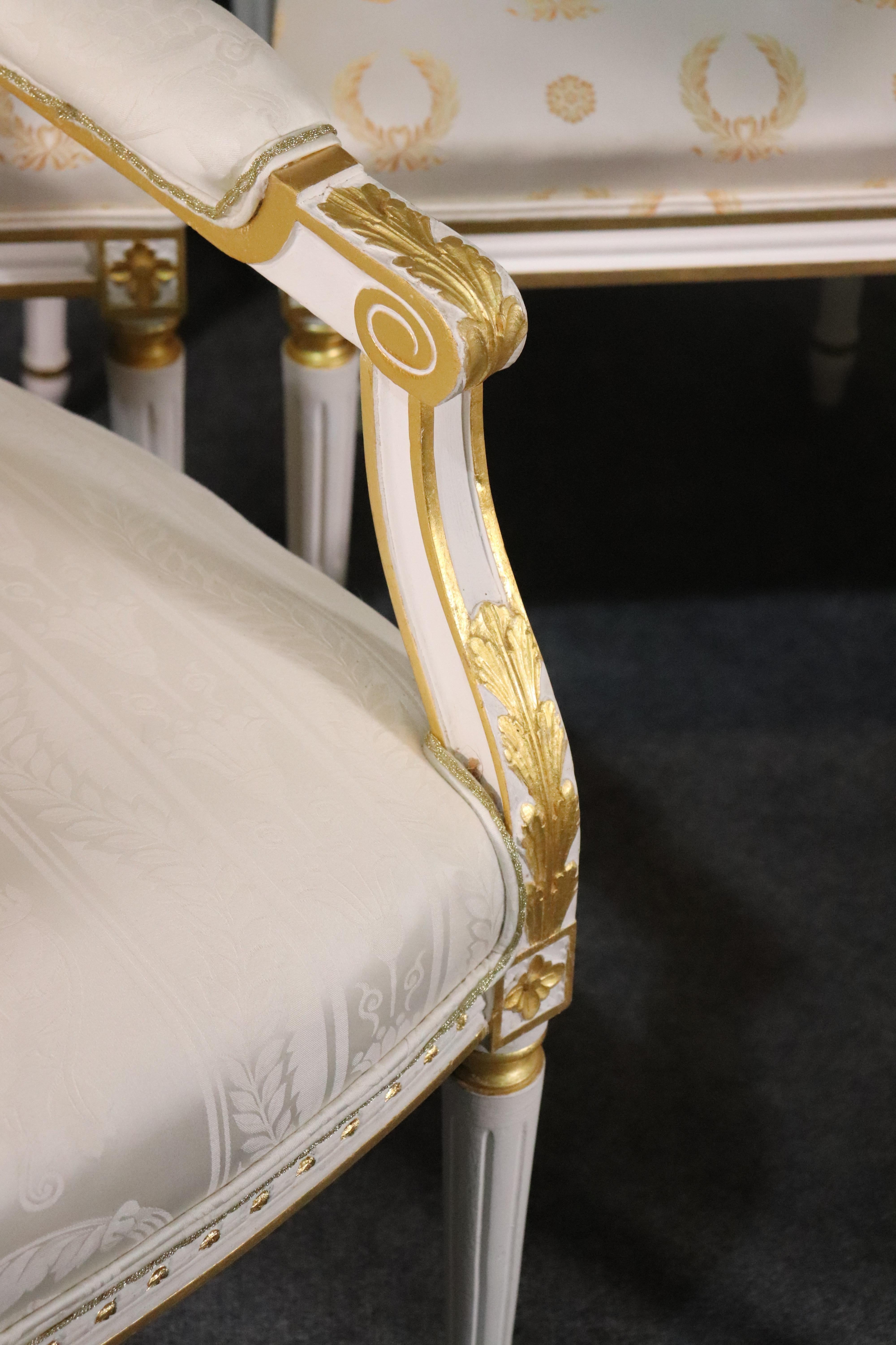 Set 8 Signed Maison Jansen White Paint and Giltwood Lyre Back Louis XVI Chairs In Good Condition In Swedesboro, NJ