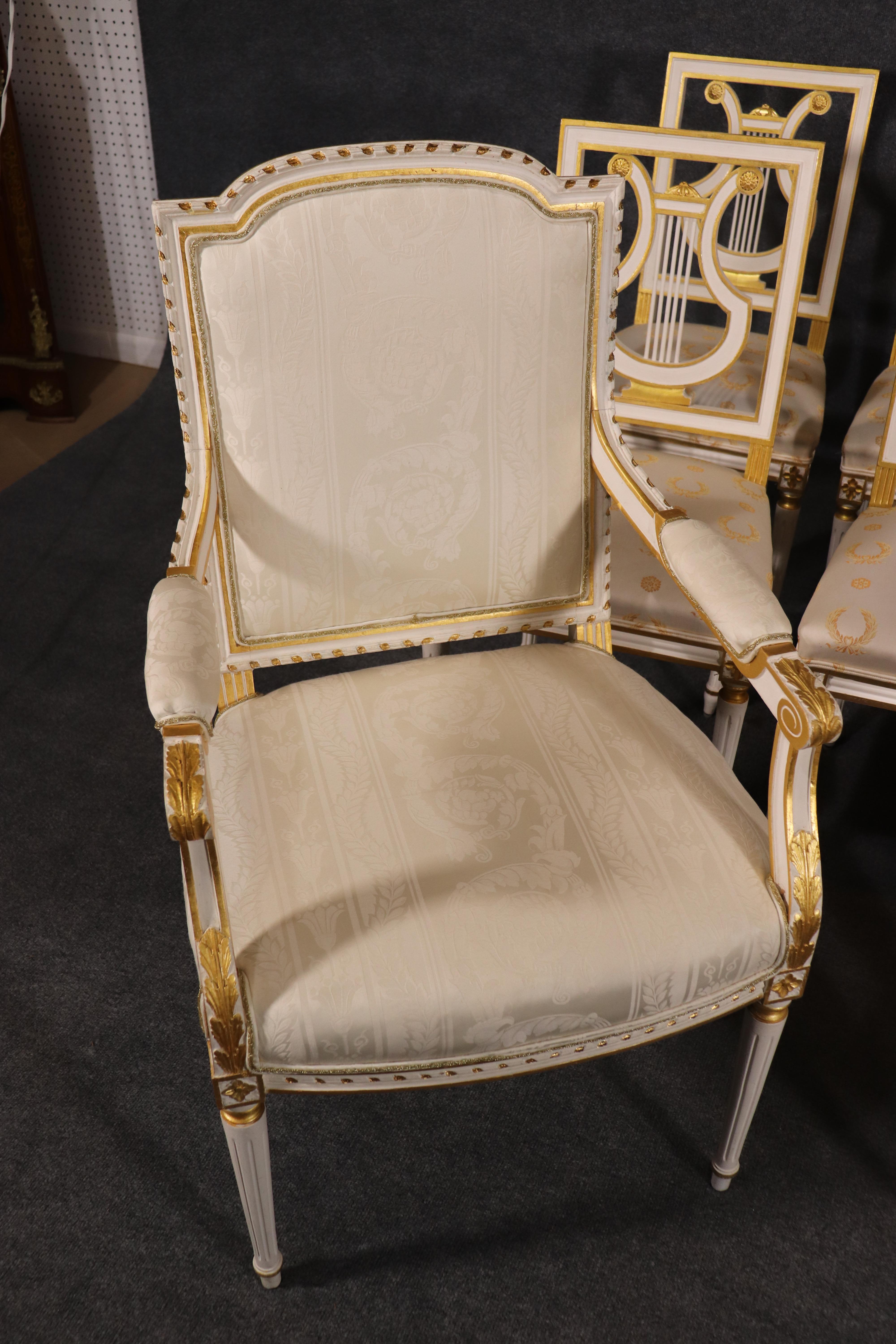 Mid-20th Century Set 8 Signed Maison Jansen White Paint and Giltwood Lyre Back Louis XVI Chairs