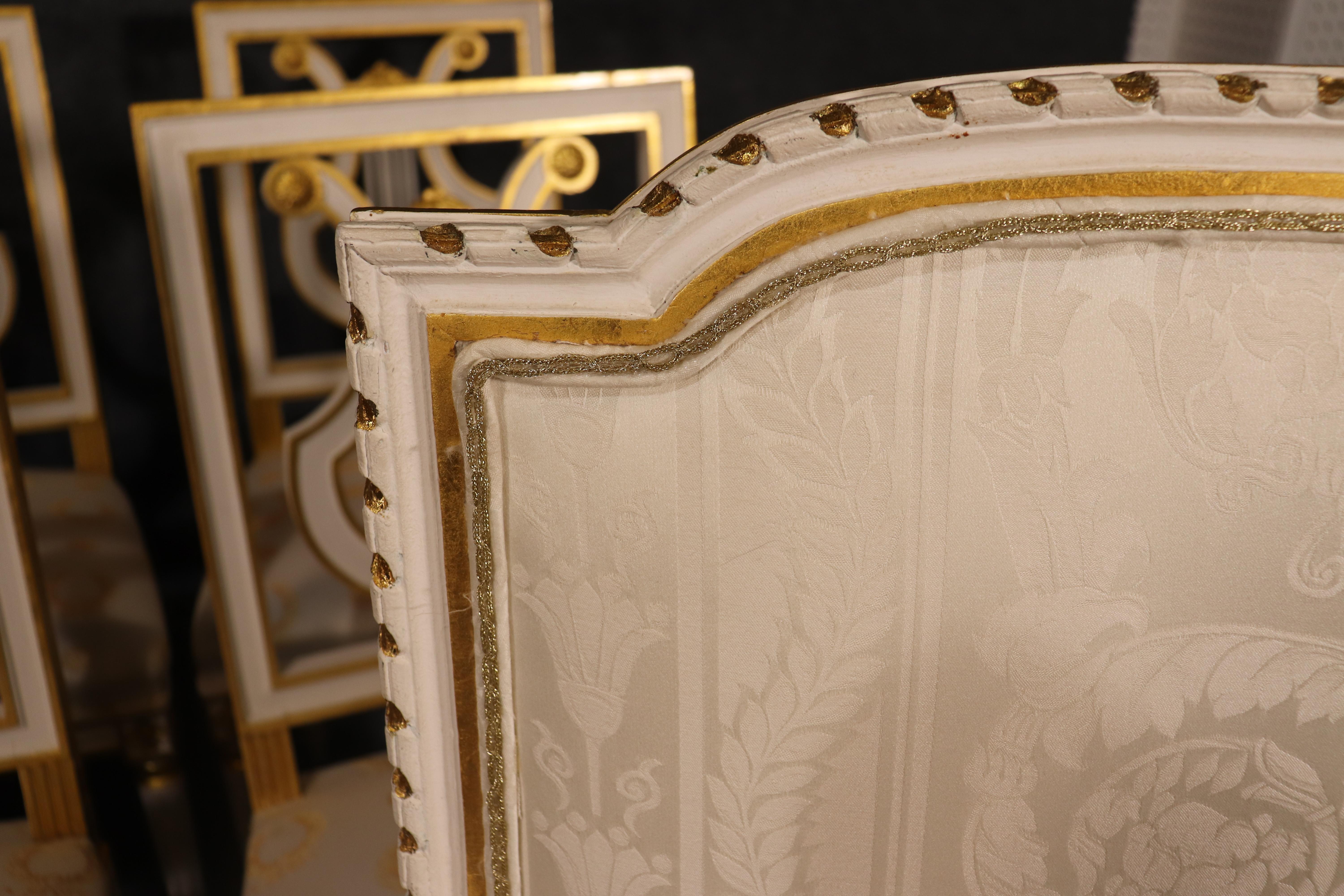 Beech Set 8 Signed Maison Jansen White Paint and Giltwood Lyre Back Louis XVI Chairs