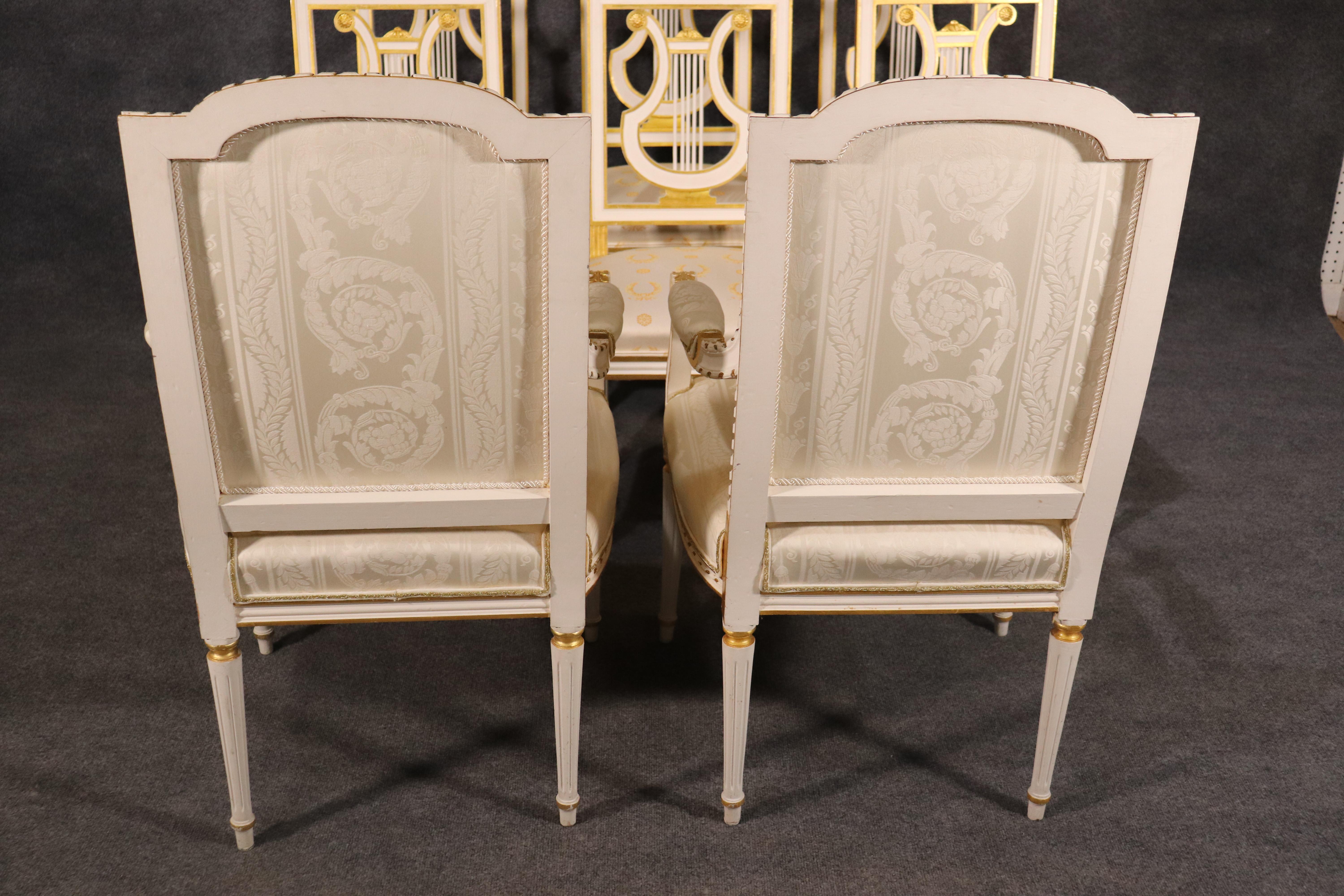 Set 8 Signed Maison Jansen White Paint and Giltwood Lyre Back Louis XVI Chairs 1