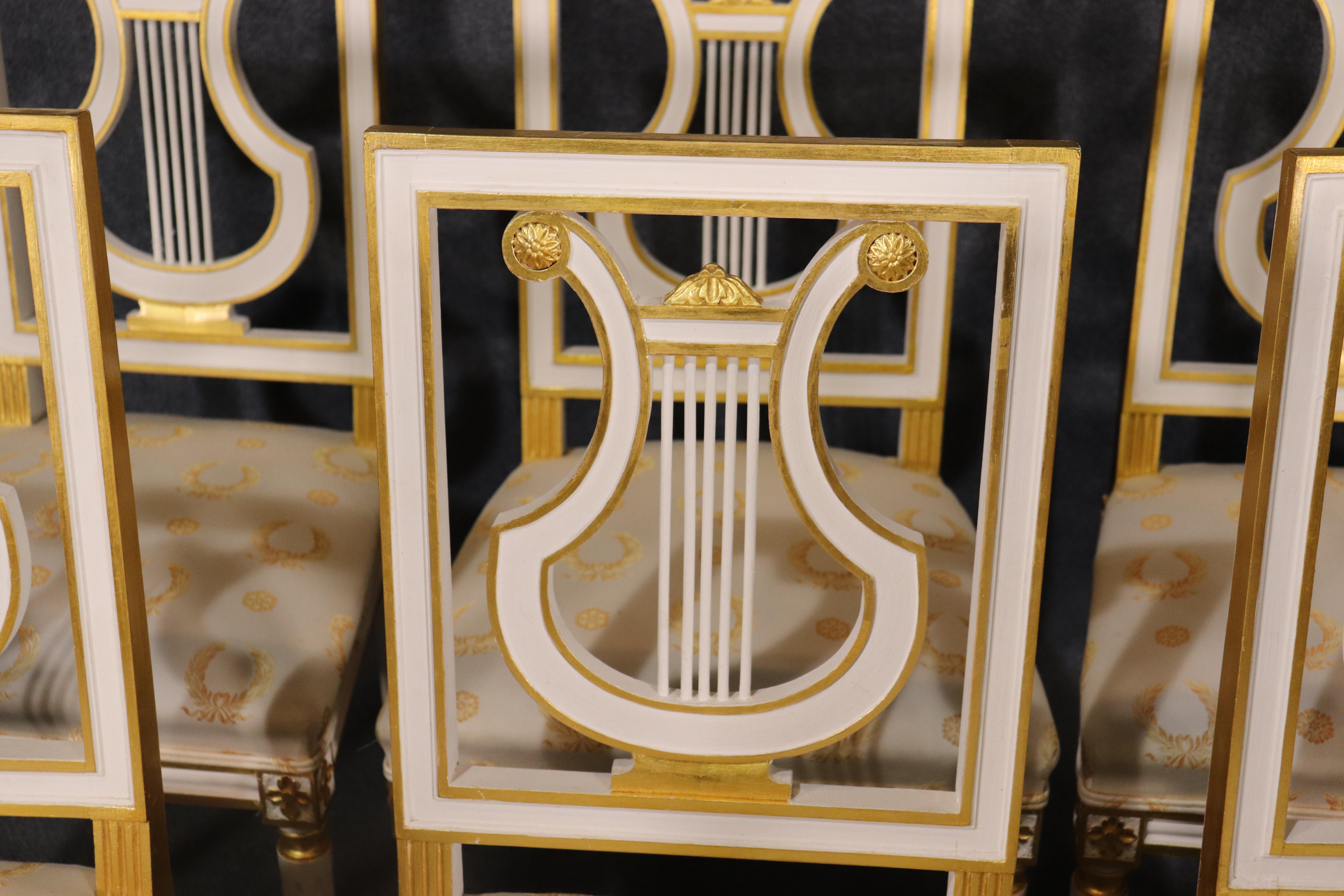 Set 8 Signed Maison Jansen White Paint and Giltwood Lyre Back Louis XVI Chairs 2