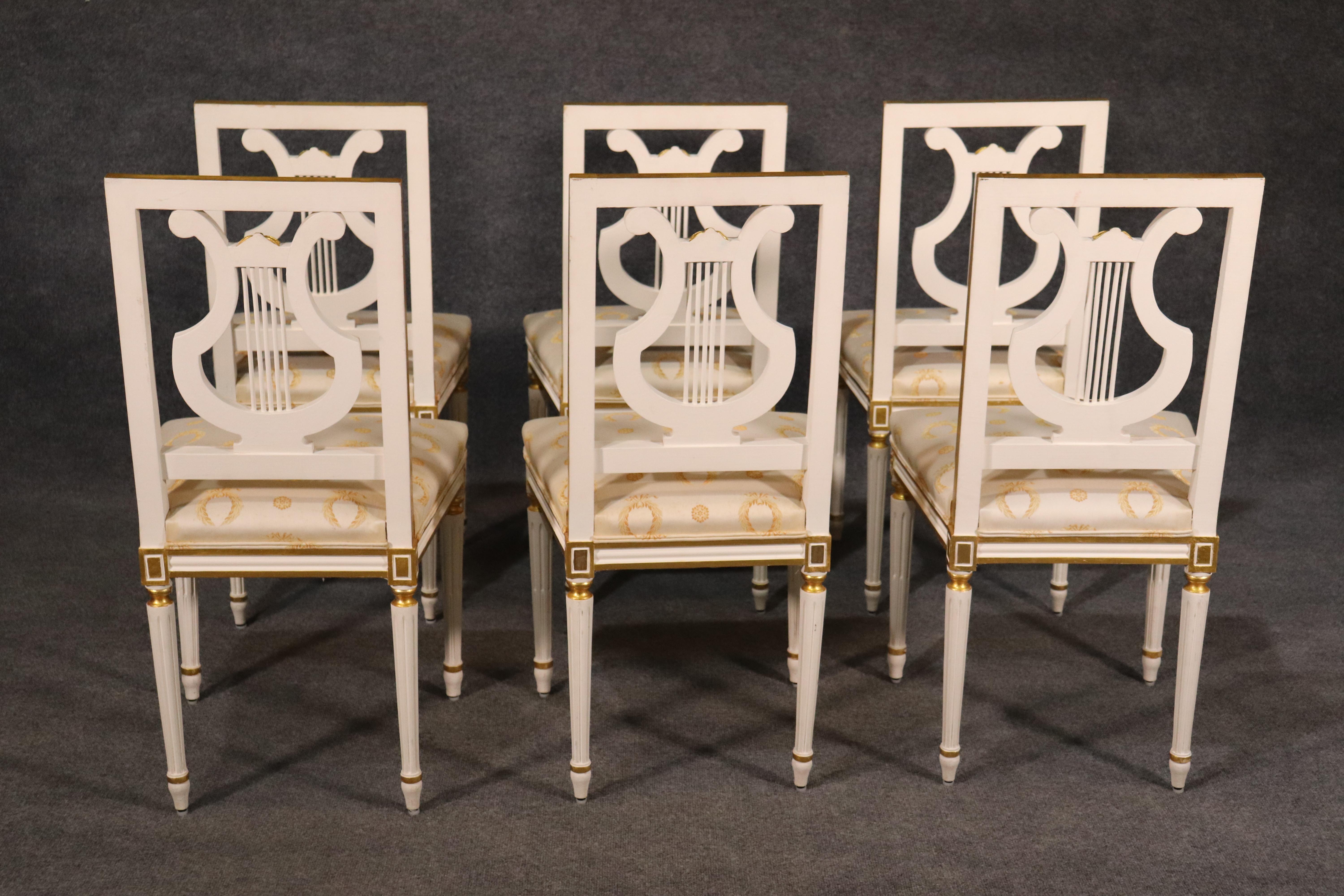 Set 8 Signed Maison Jansen White Paint and Giltwood Lyre Back Louis XVI Chairs 3