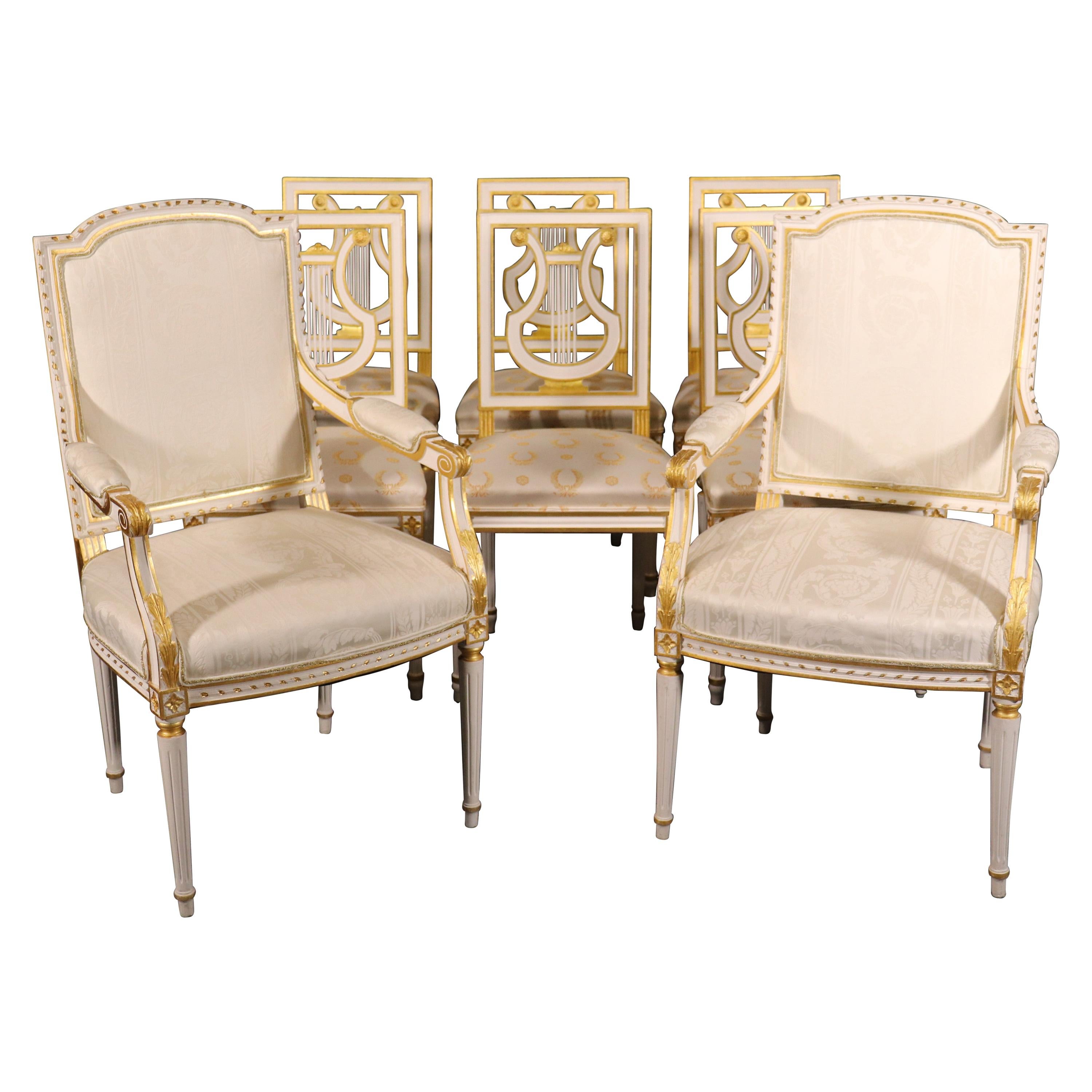 Set 8 Signed Maison Jansen White Paint and Giltwood Lyre Back Louis XVI Chairs