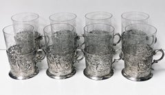 Set of 8 Silver Tea Holders with engraved glasses, Germany, circa 1900