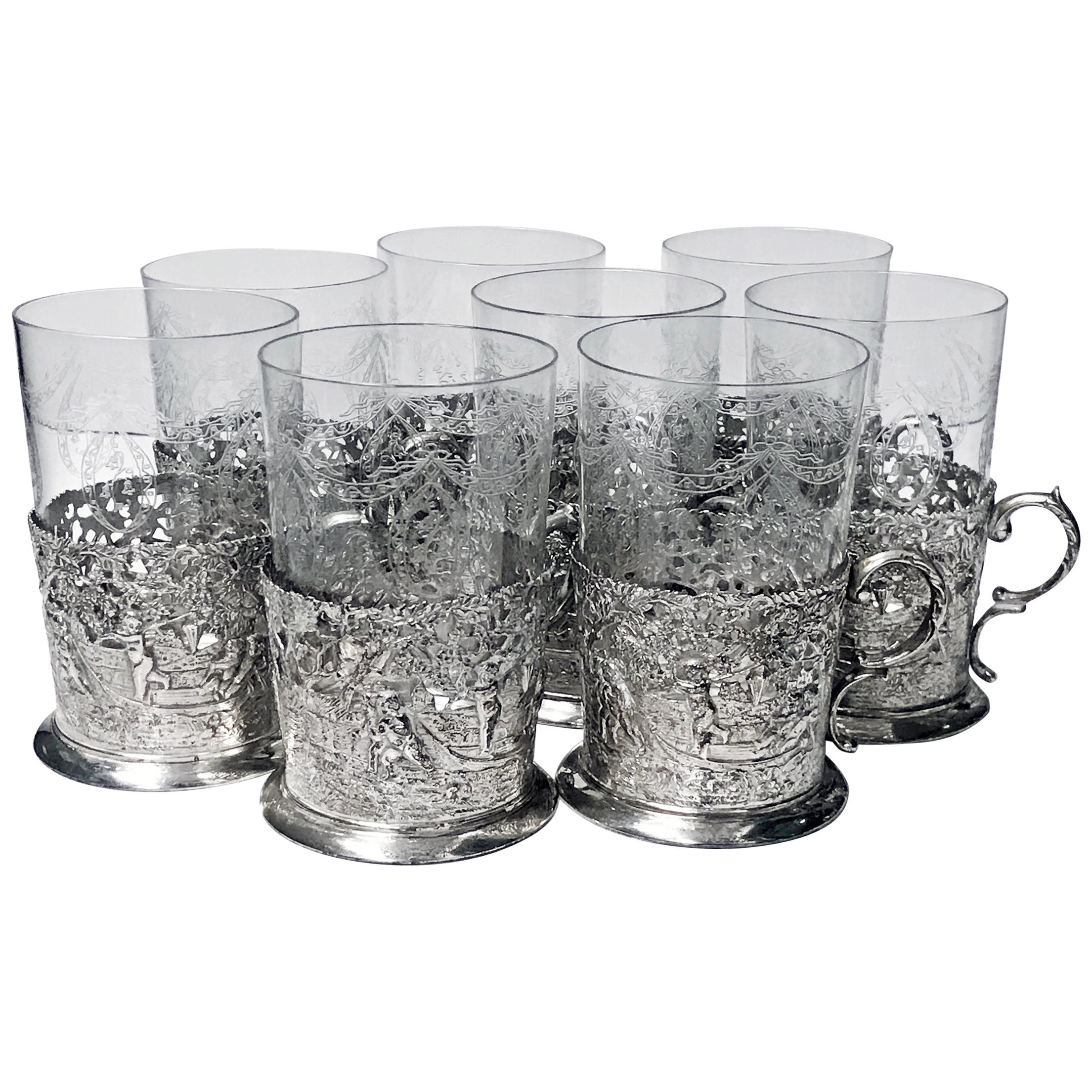 Set of 8 Silver Tea Holders with engraved glasses, Germany, circa 1900