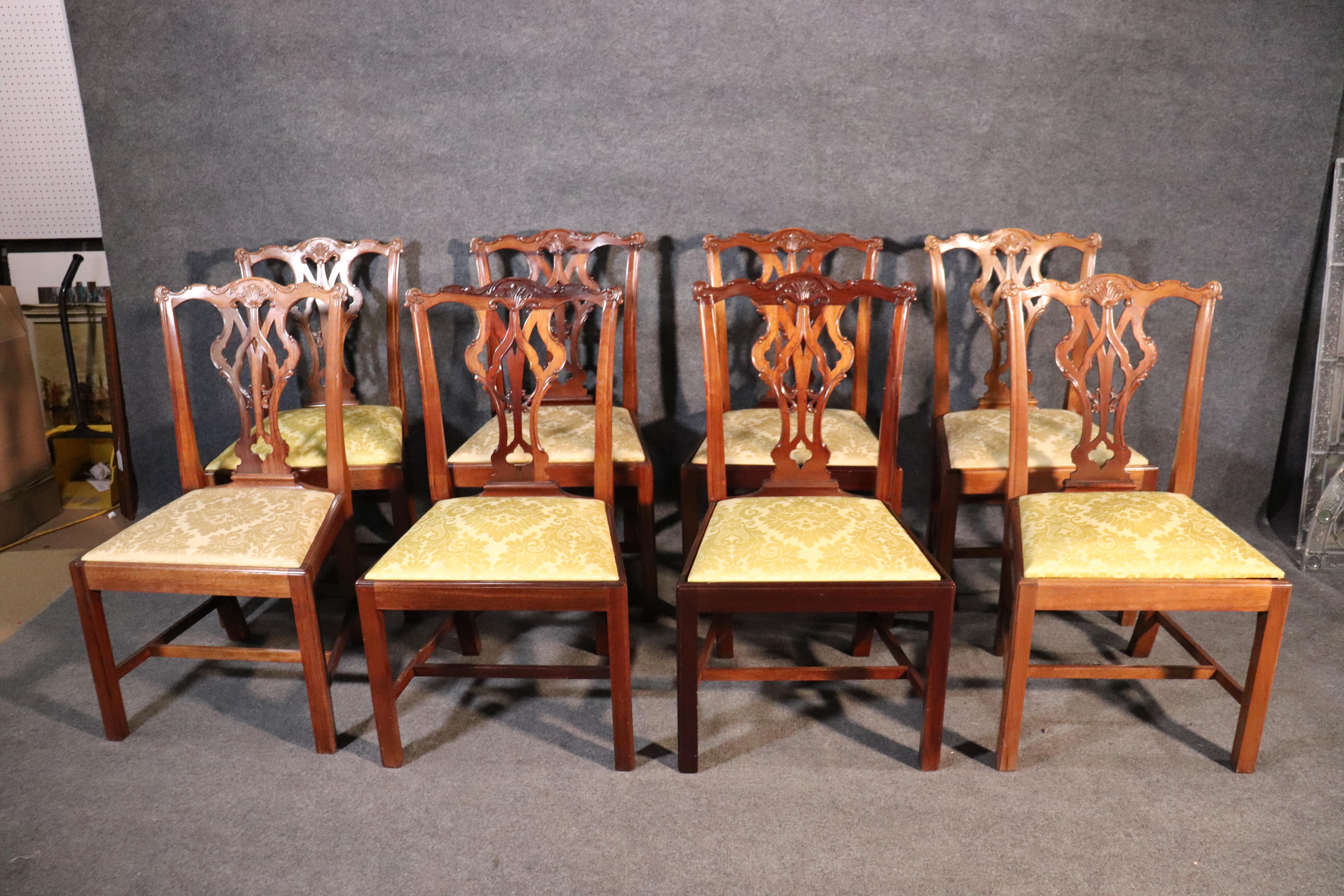 Set of 8 Solid Mahogany Chippendale Dining Room Chairs with Damask Slip Seats 5