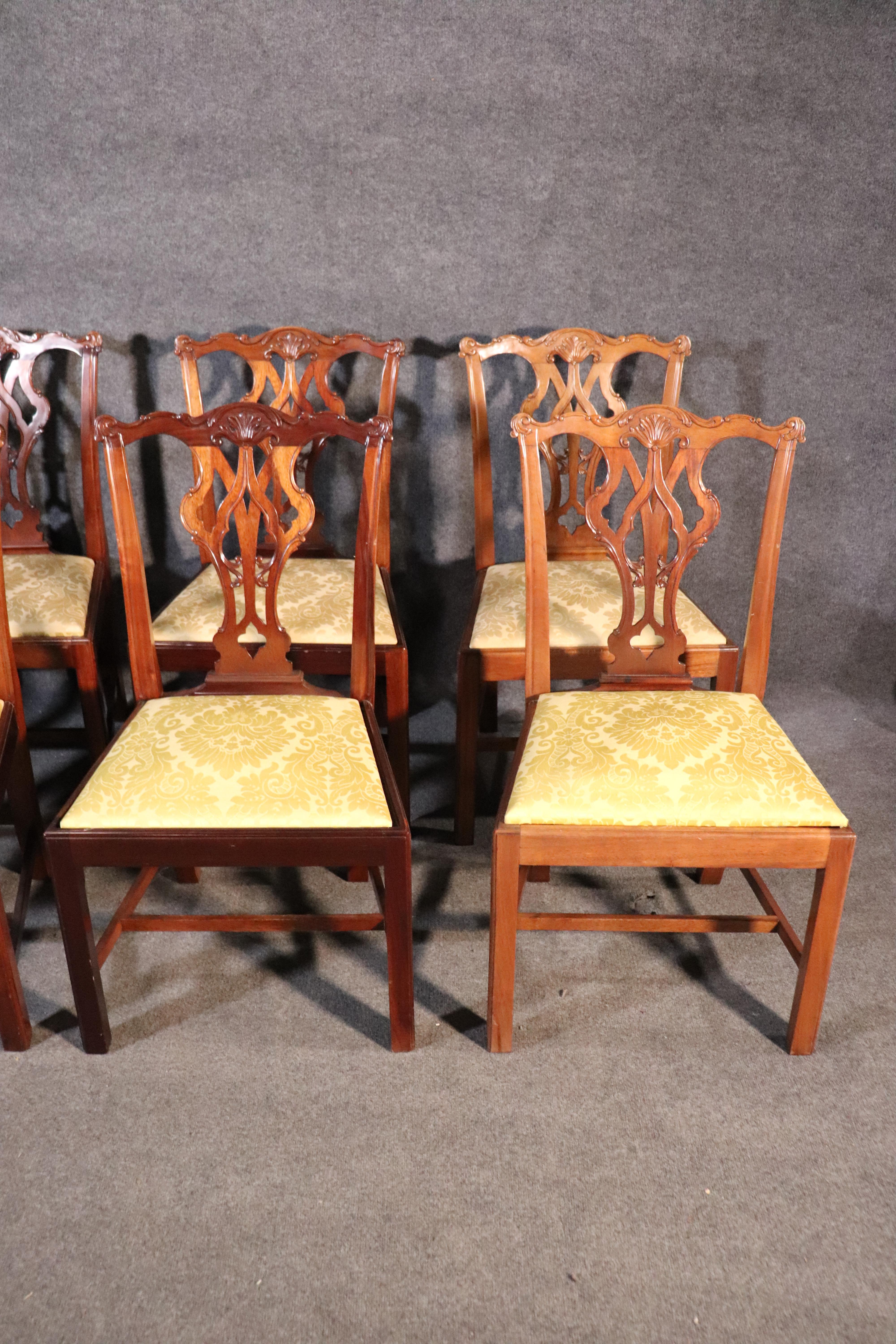 Set of 8 Solid Mahogany Chippendale Dining Room Chairs with Damask Slip Seats 6