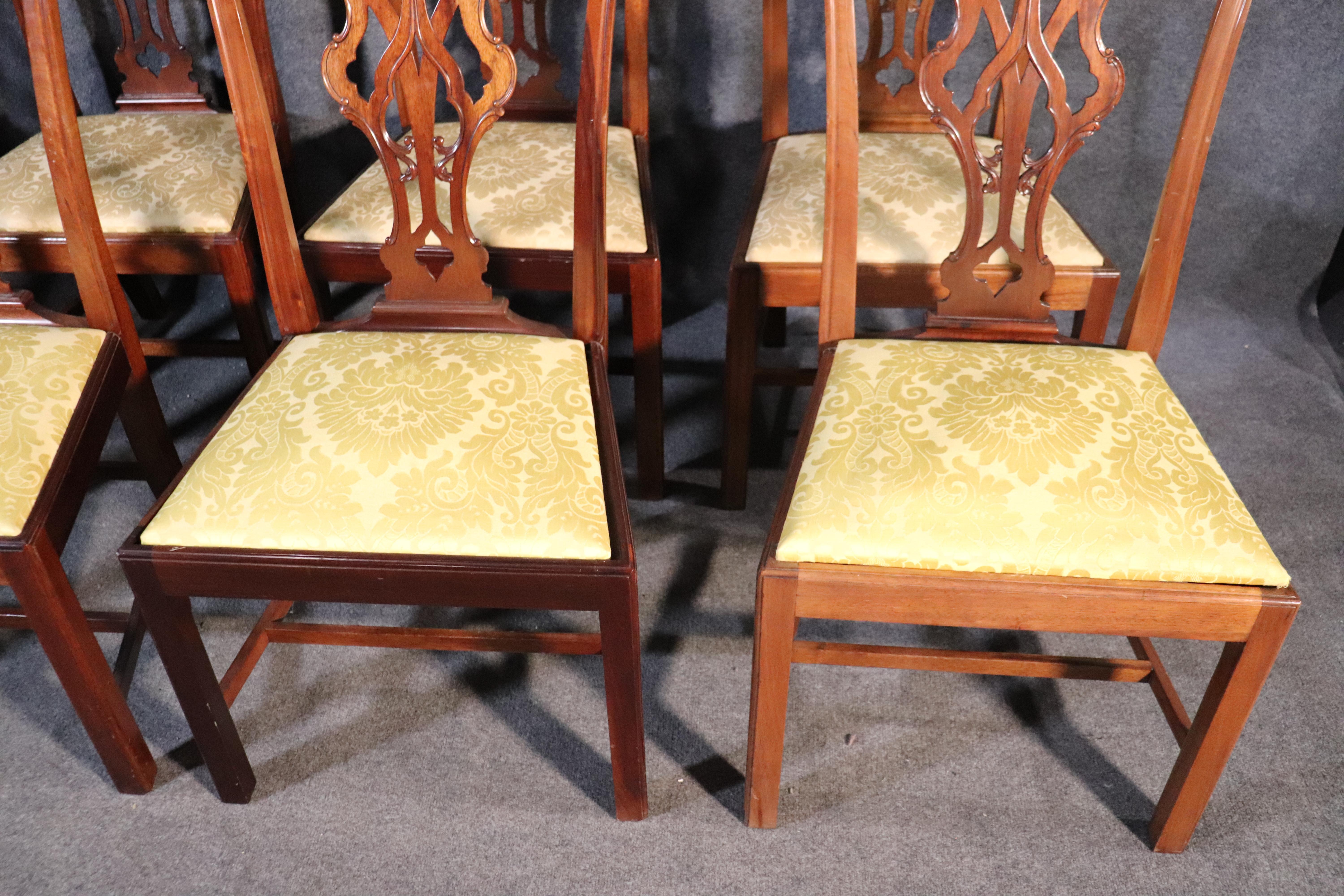 Set of 8 Solid Mahogany Chippendale Dining Room Chairs with Damask Slip Seats 7