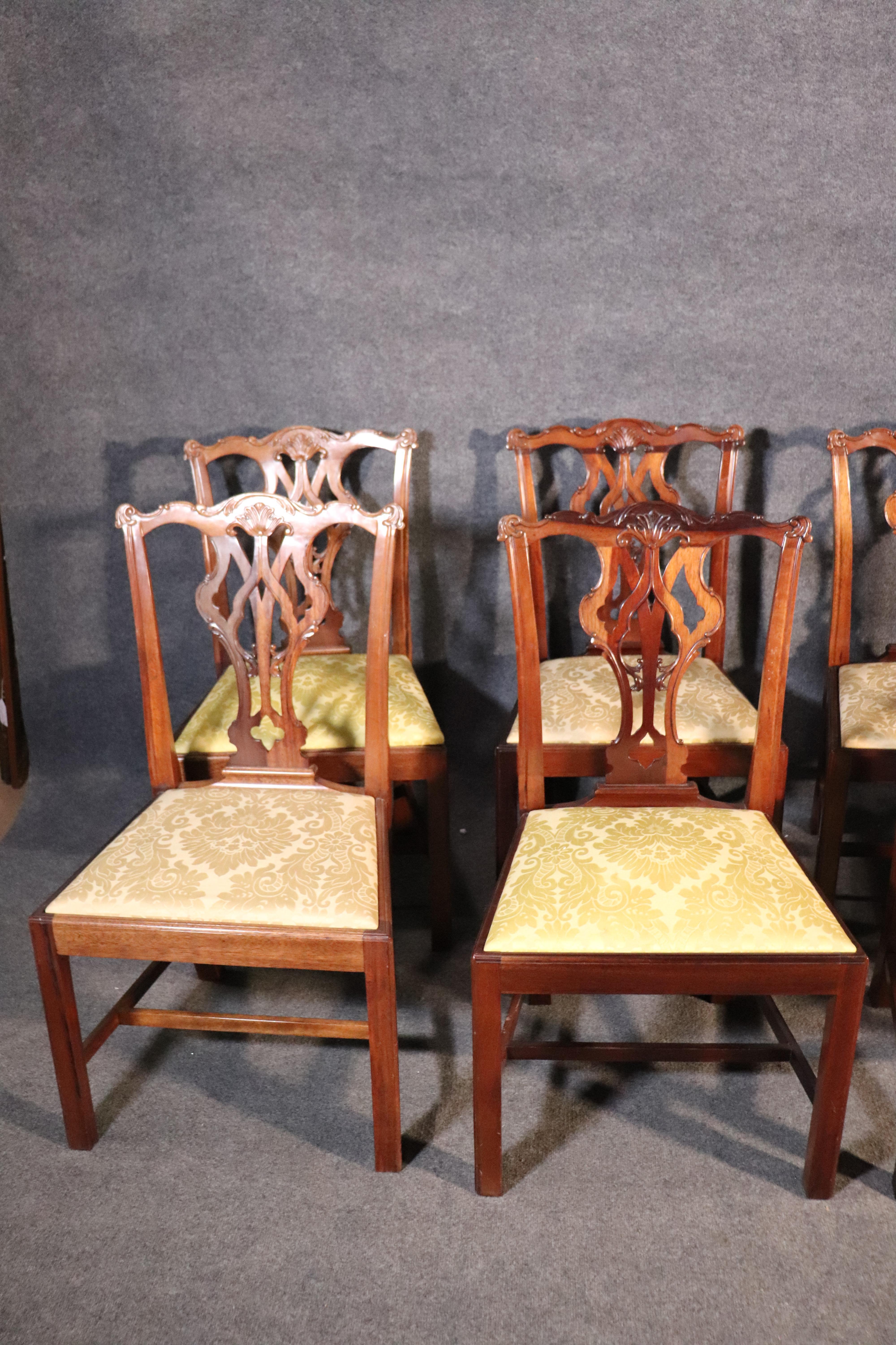 Set of 8 Solid Mahogany Chippendale Dining Room Chairs with Damask Slip Seats 8