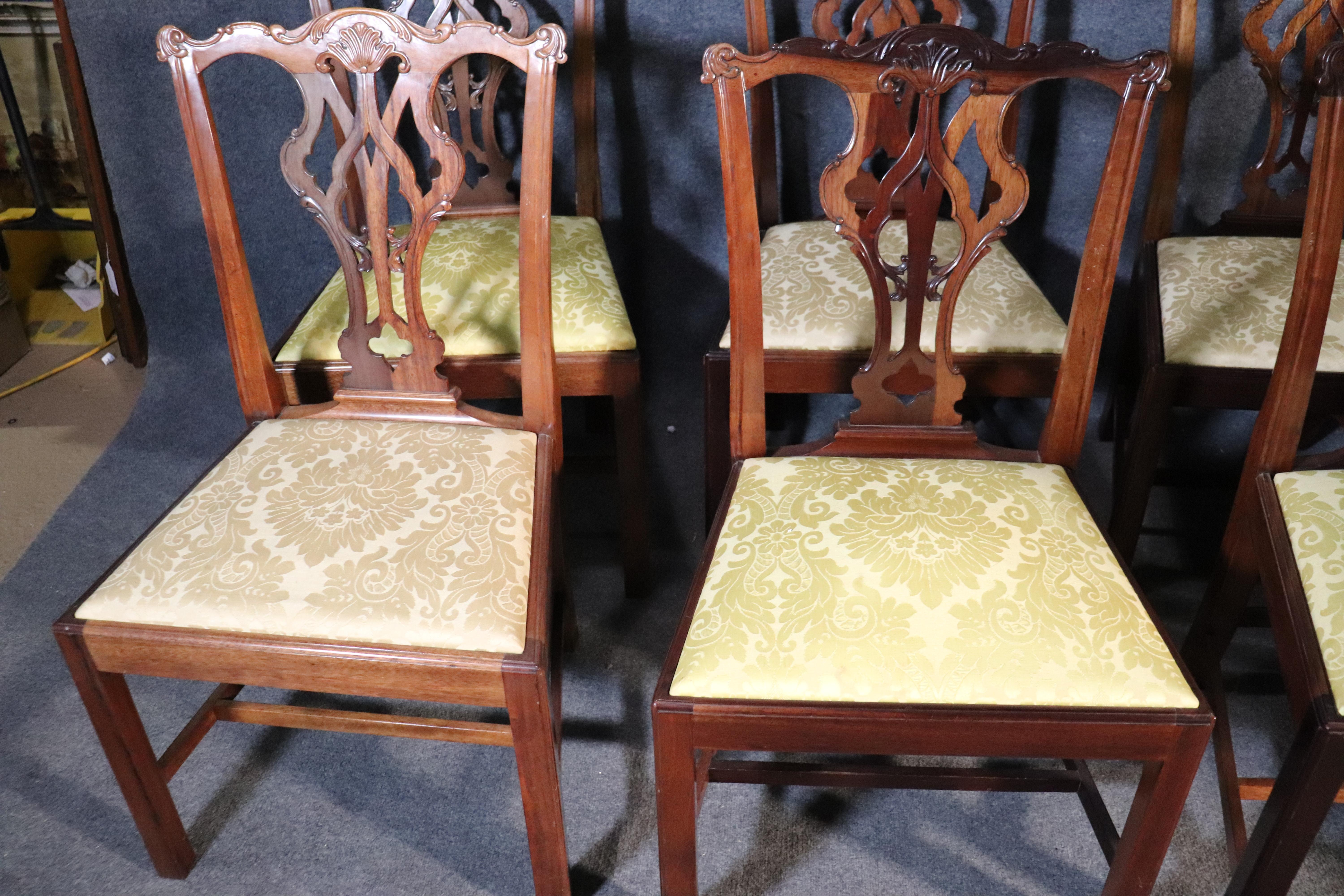 Set of 8 Solid Mahogany Chippendale Dining Room Chairs with Damask Slip Seats 9