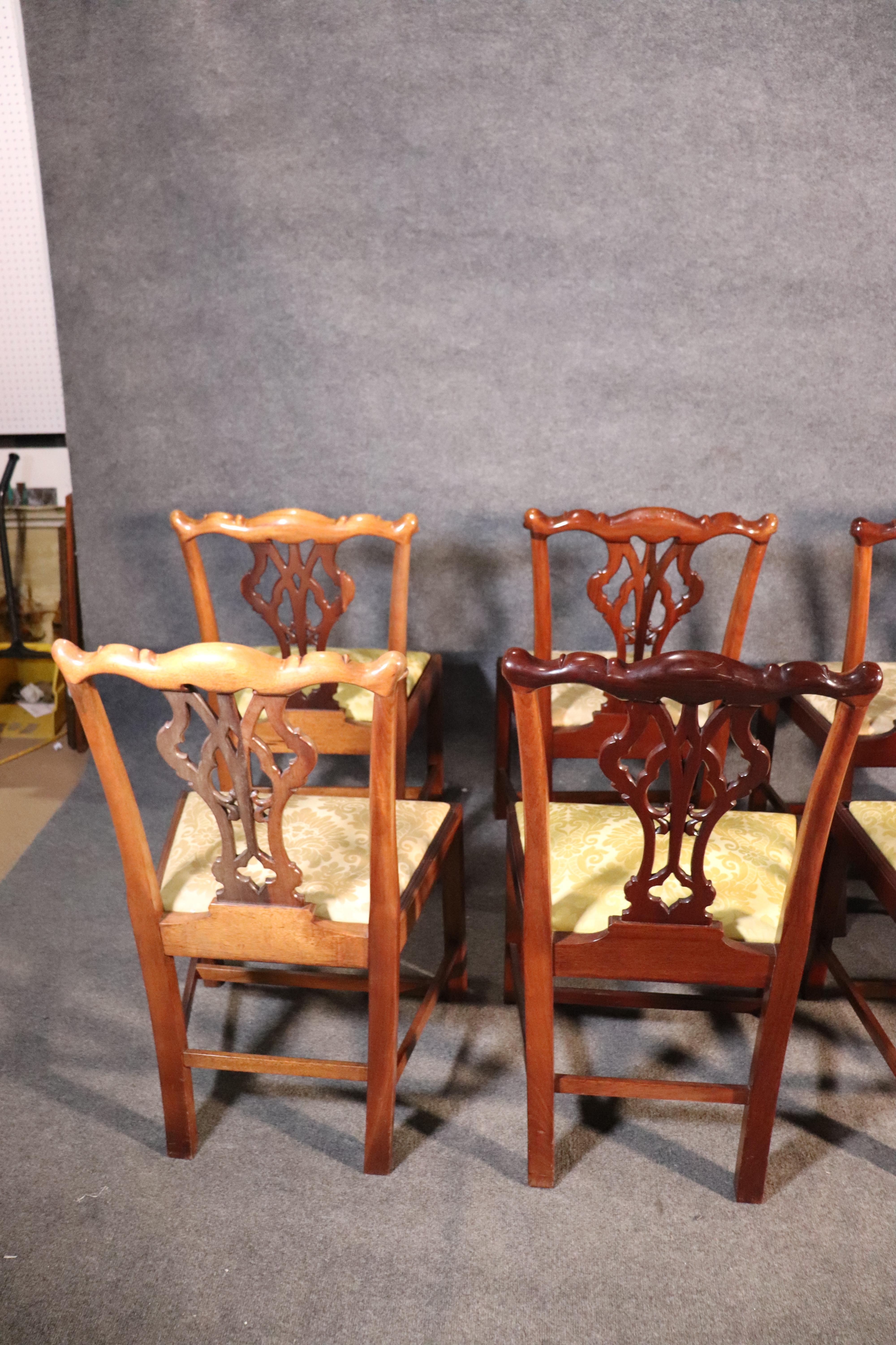 Set of 8 Solid Mahogany Chippendale Dining Room Chairs with Damask Slip Seats 11