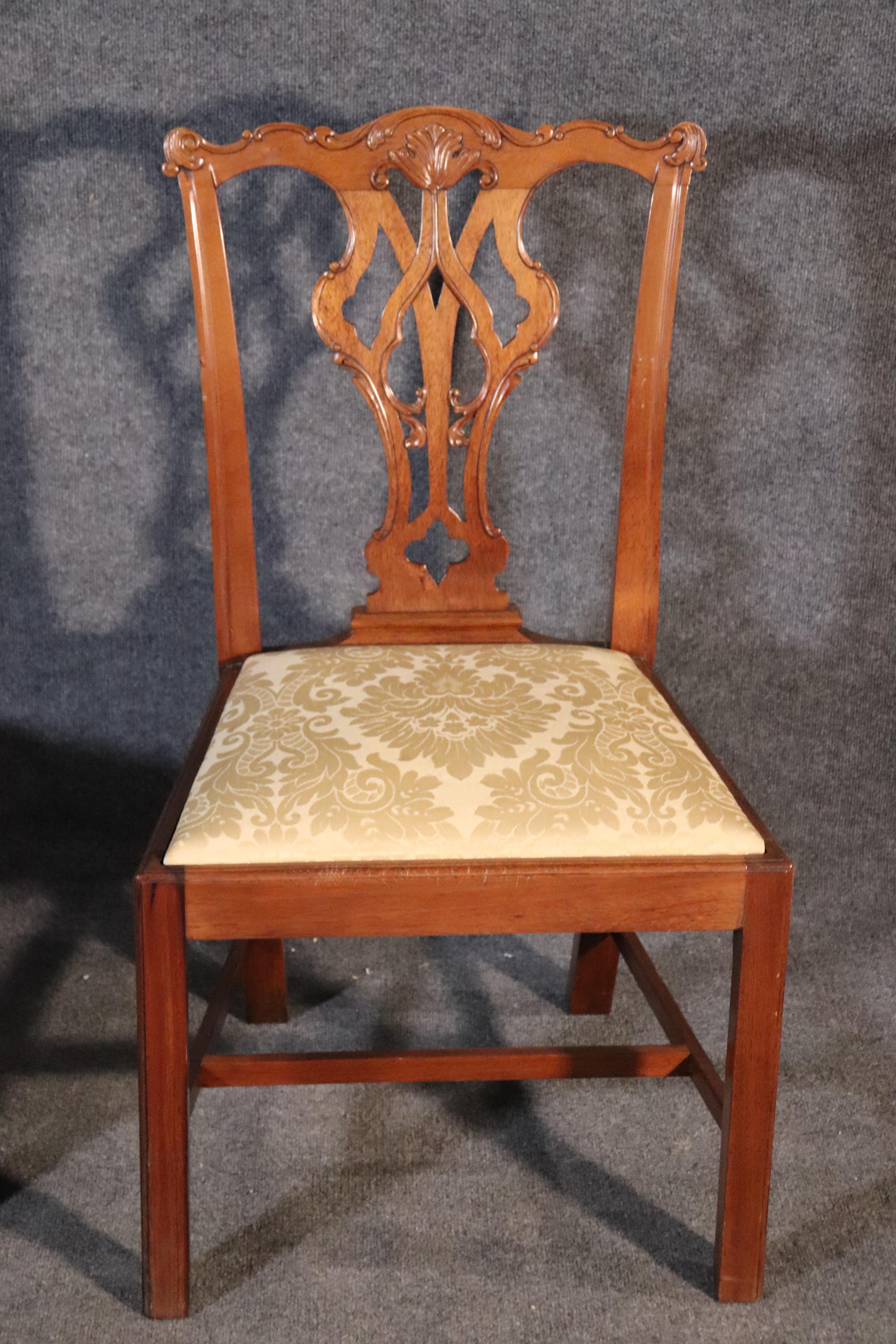 American Set of 8 Solid Mahogany Chippendale Dining Room Chairs with Damask Slip Seats