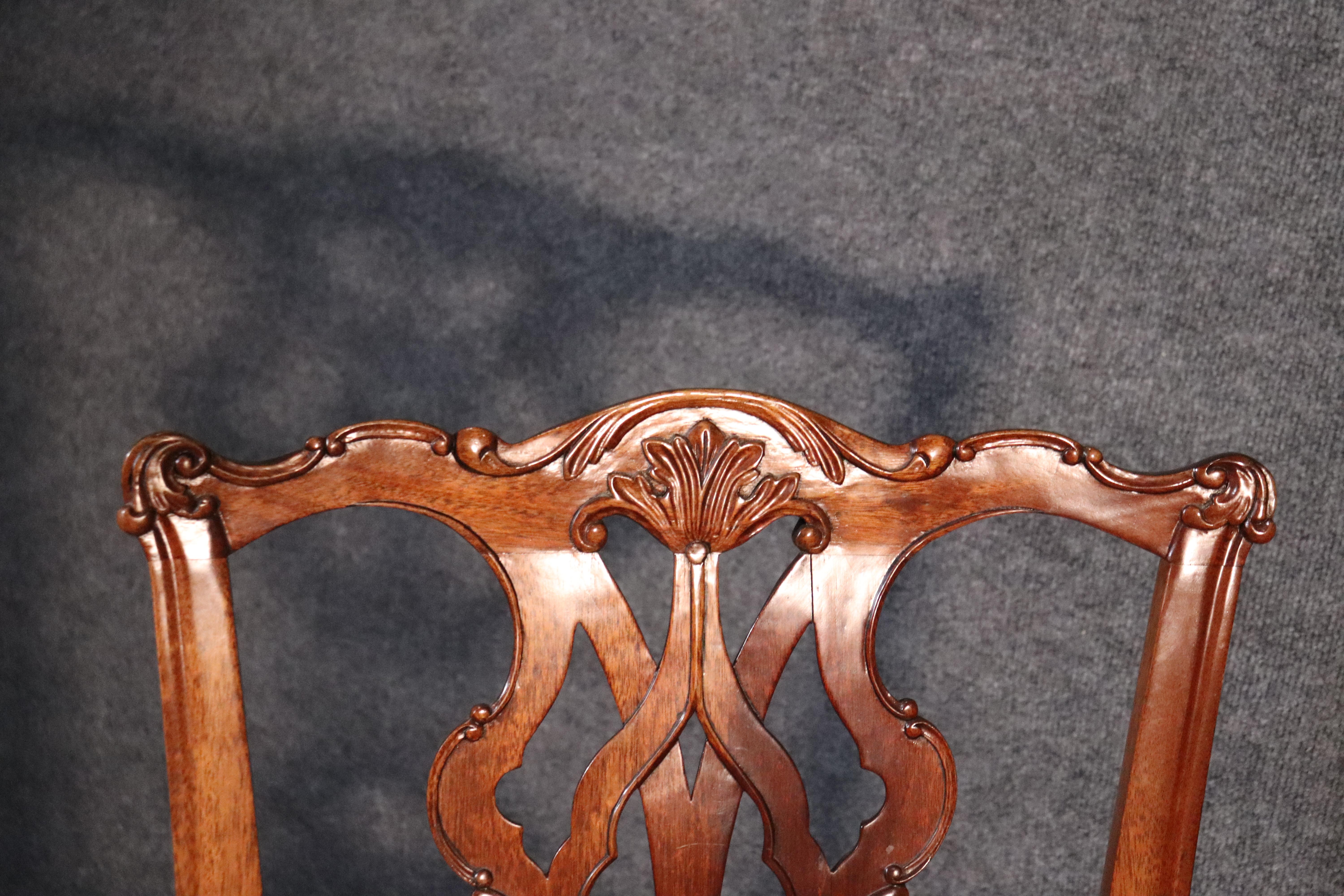 Late 20th Century Set of 8 Solid Mahogany Chippendale Dining Room Chairs with Damask Slip Seats