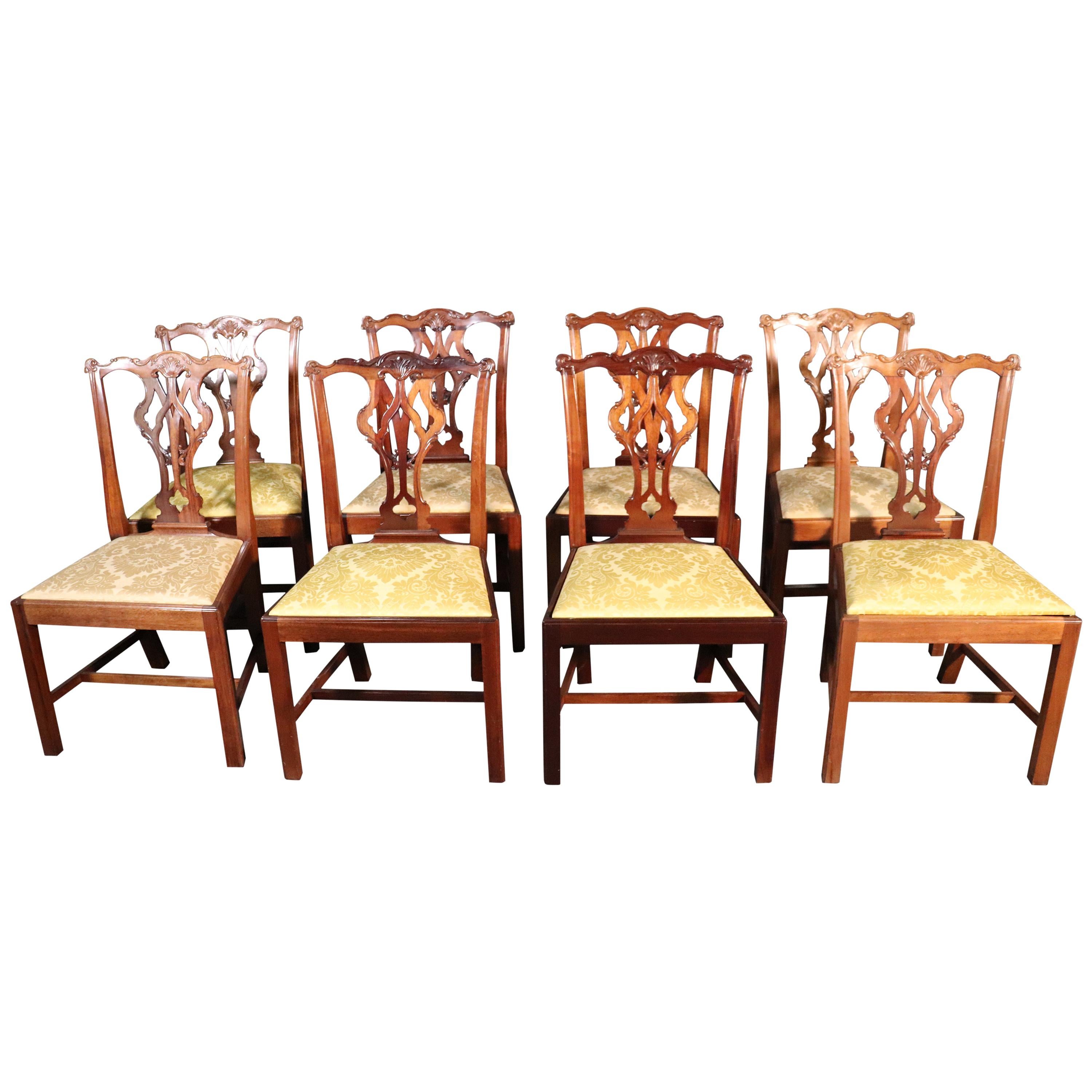 Set of 8 Solid Mahogany Chippendale Dining Room Chairs with Damask Slip Seats