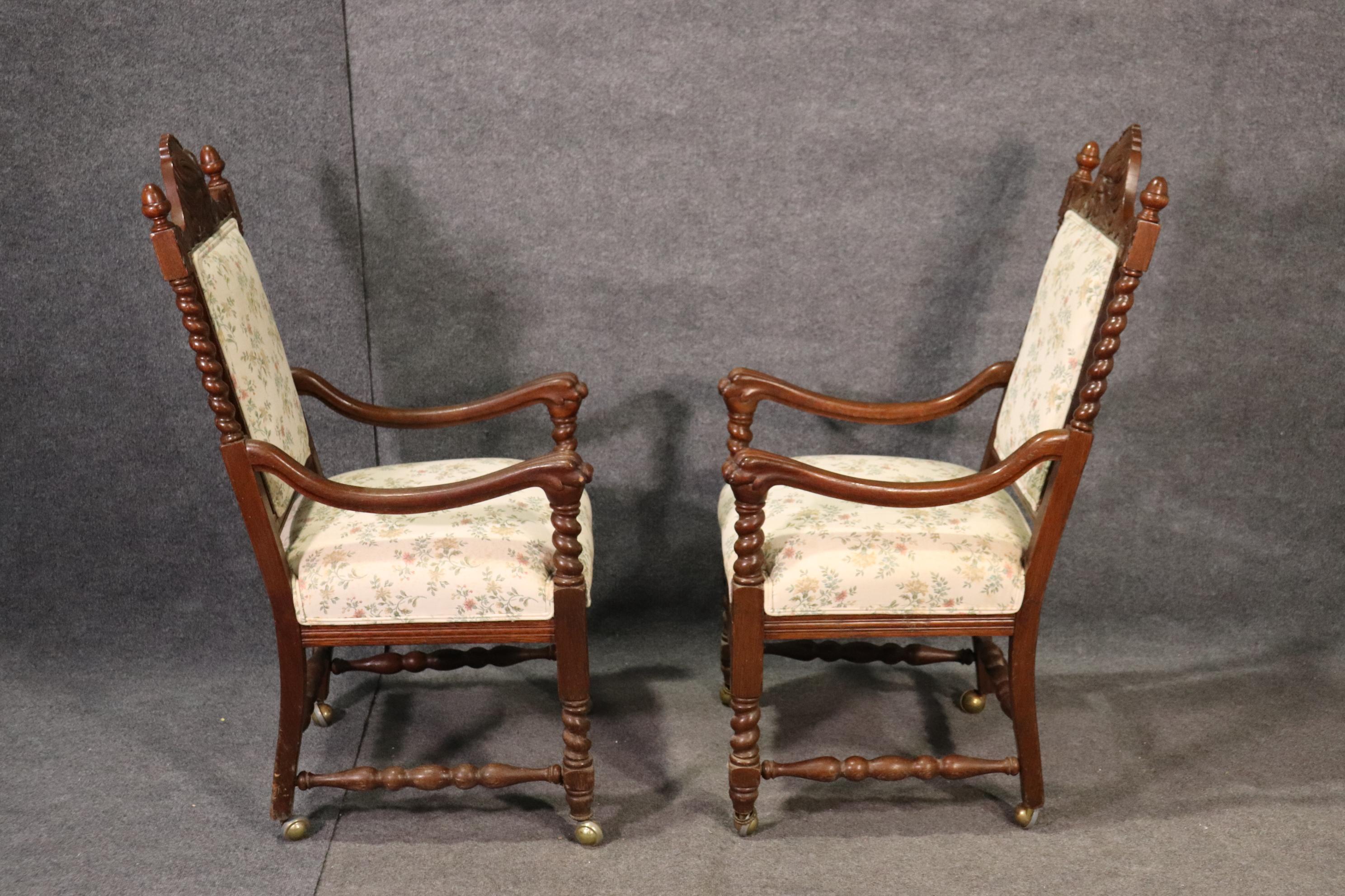 American Set 8 Solid Oak RJ Horner Figural Carved Barley Twist Victorian Dining Chairs